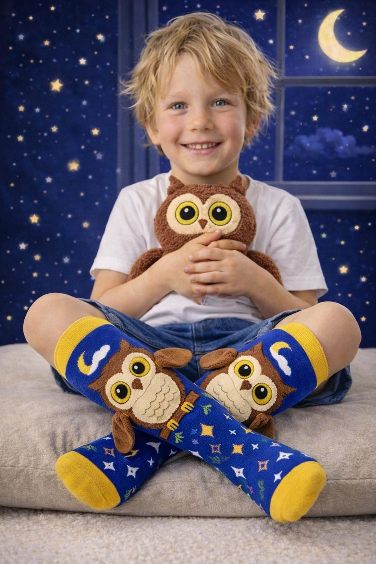 Erkek Çocuk 3D Baykuş Figürlü Eğlenceli Pamuklu Topuksuz Dizaltı Çorap