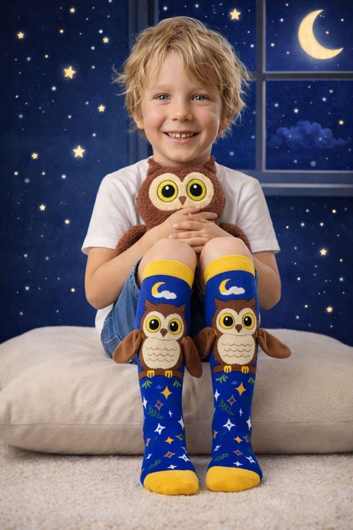 Erkek Çocuk 3D Baykuş Figürlü Eğlenceli Pamuklu Topuksuz Dizaltı Çorap