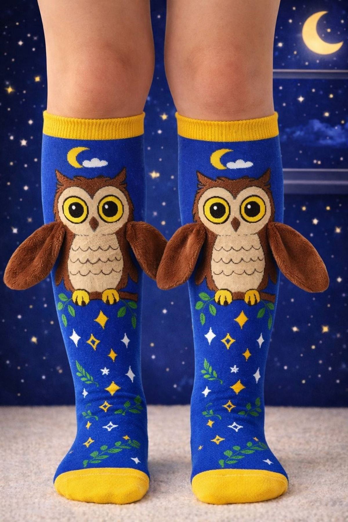 Erkek Çocuk 3D Baykuş Figürlü Eğlenceli Pamuklu Topuksuz Dizaltı Çorap