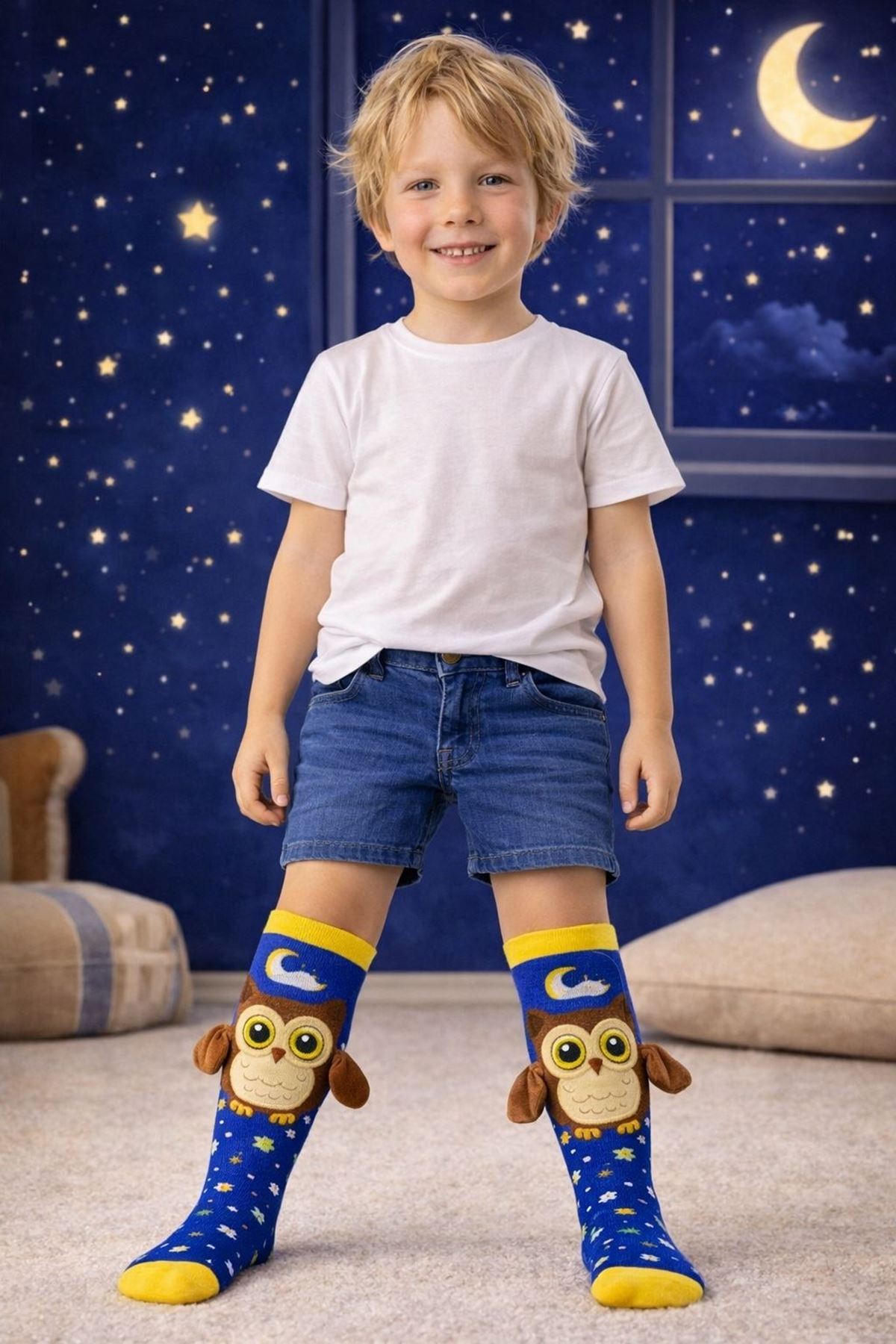 Erkek Çocuk 3D Baykuş Figürlü Eğlenceli Pamuklu Topuksuz Dizaltı Çorap