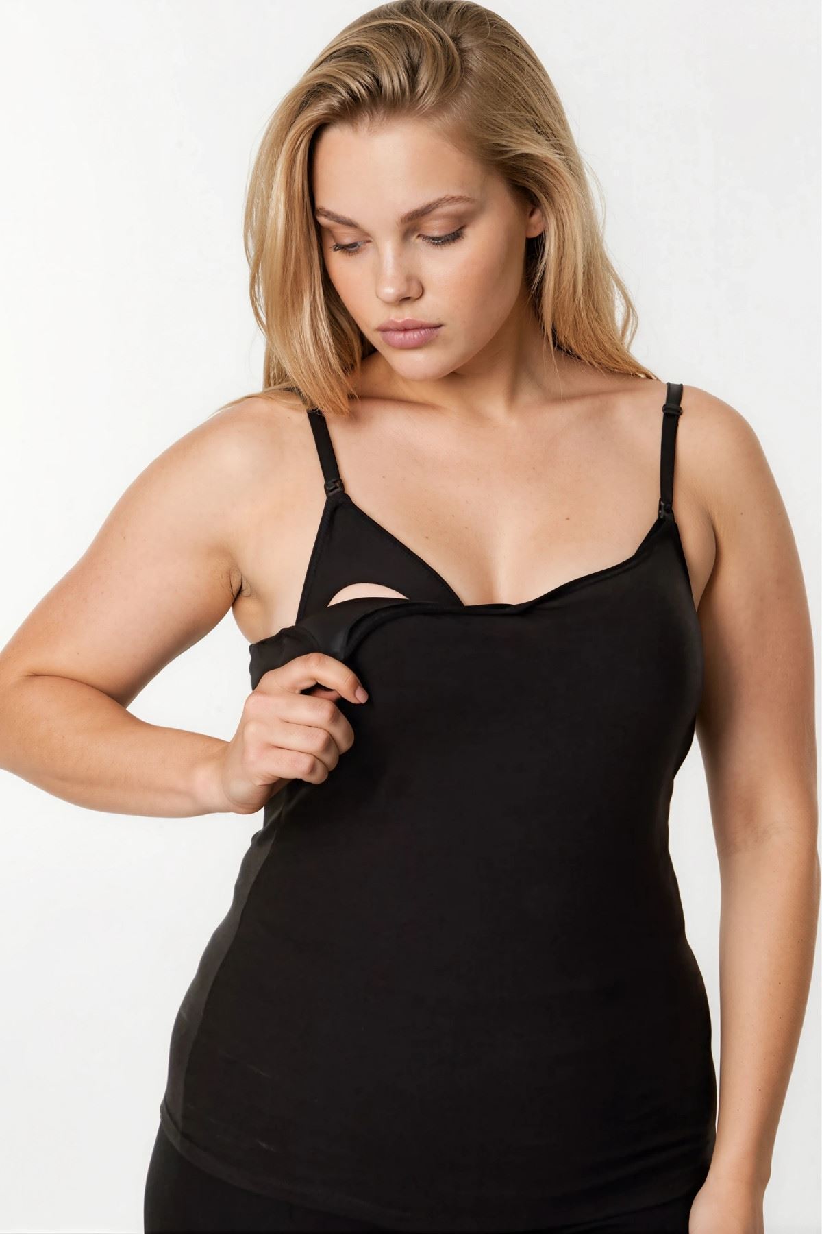Black Nursing Tank Top with Clip-Down Straps, Thin Strap Postpartum Cami