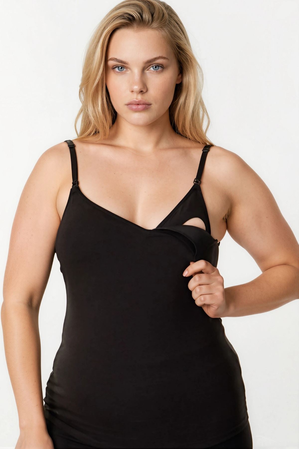 Black Nursing Tank Top with Clip-Down Straps, Thin Strap Postpartum Cami