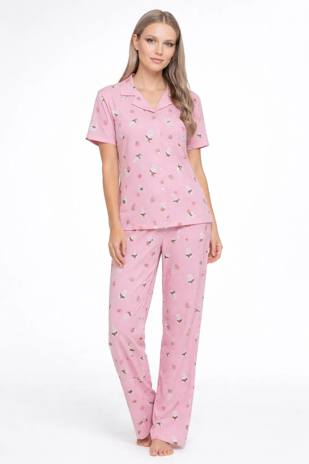 Short Sleeve Summer Button-Up Collared Soft Texture Pink Women's Pajama Set