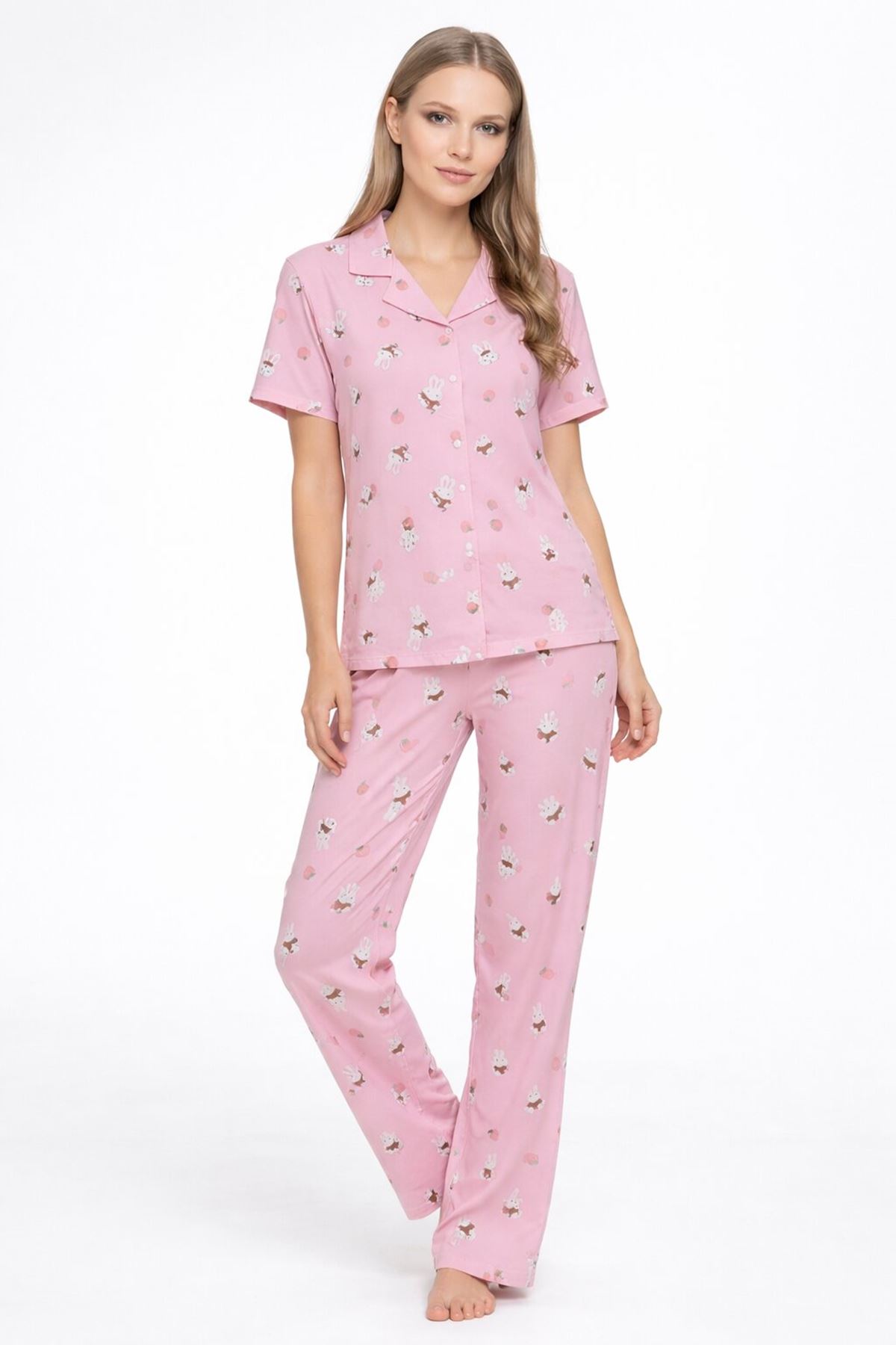 Kısa Kollu Yazlık Düğmeli Gömlek Yaka Yumuşak Dokulu Pembe Kadın Pijama Takımı