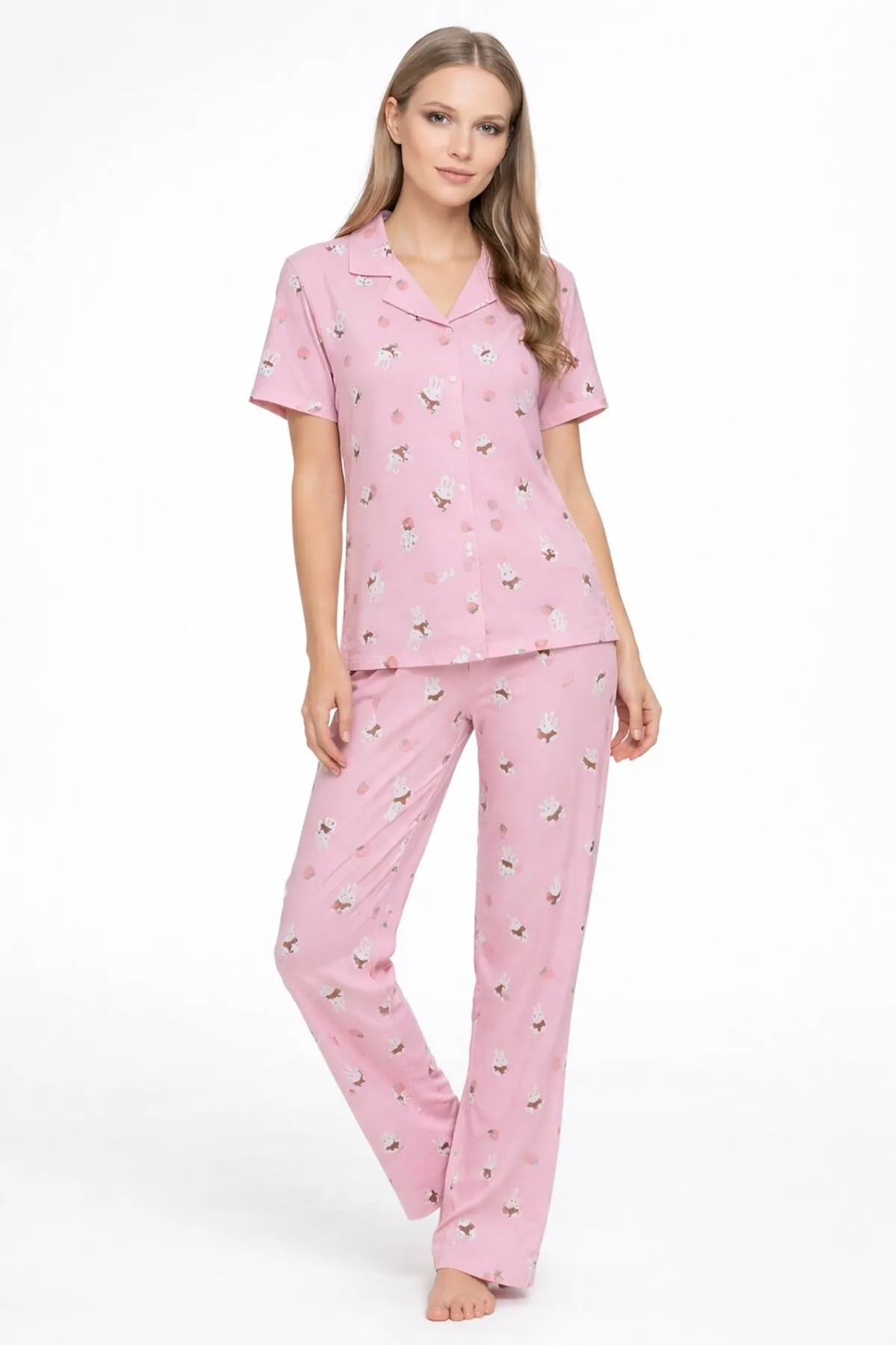 Short Sleeve Summer Button-Up Collared Soft Texture Pink Women's Pajama Set
