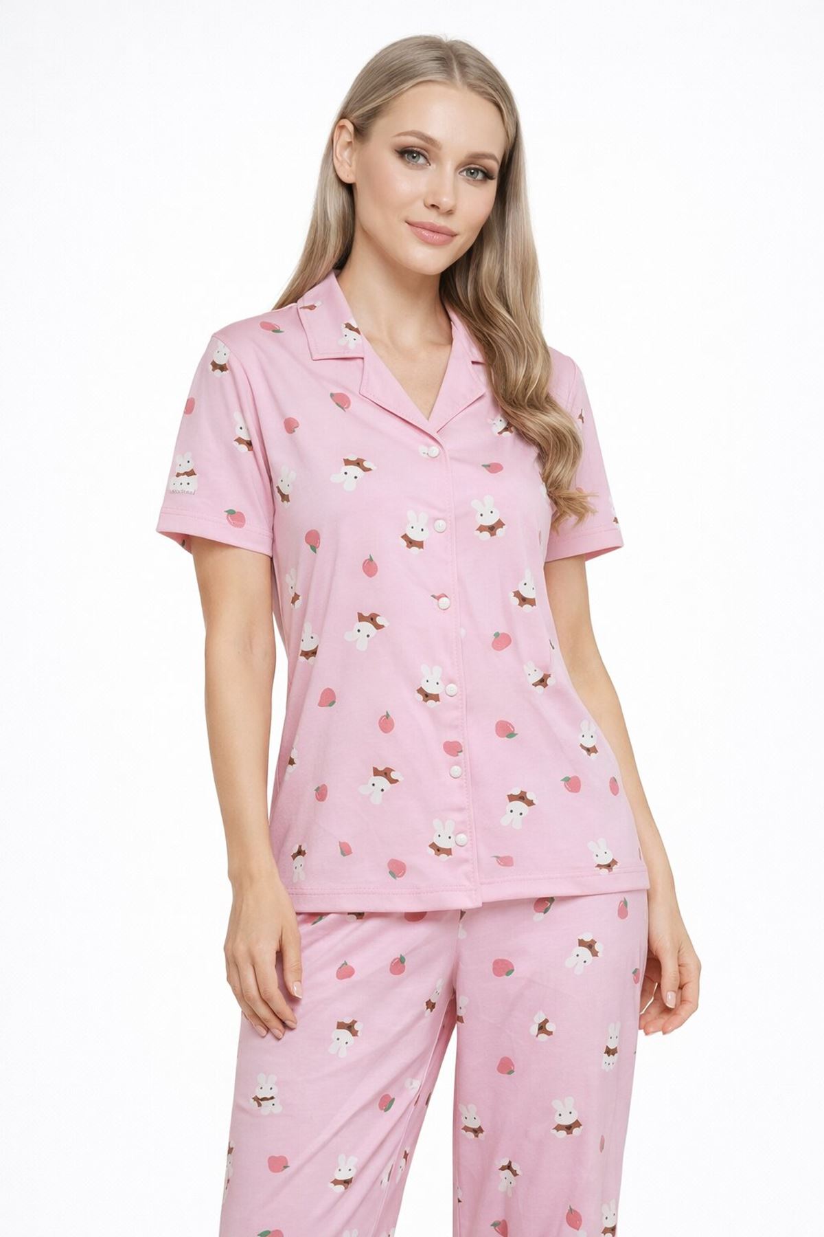 Kısa Kollu Yazlık Düğmeli Gömlek Yaka Yumuşak Dokulu Pembe Kadın Pijama Takımı
