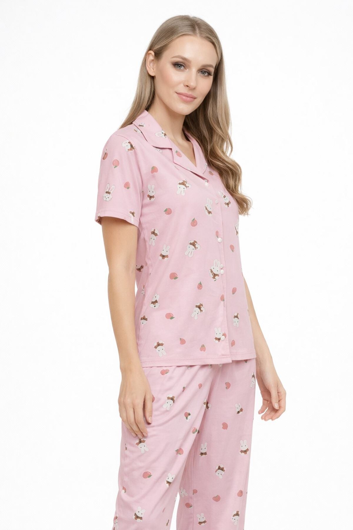 Kısa Kollu Yazlık Düğmeli Gömlek Yaka Yumuşak Dokulu Pembe Kadın Pijama Takımı