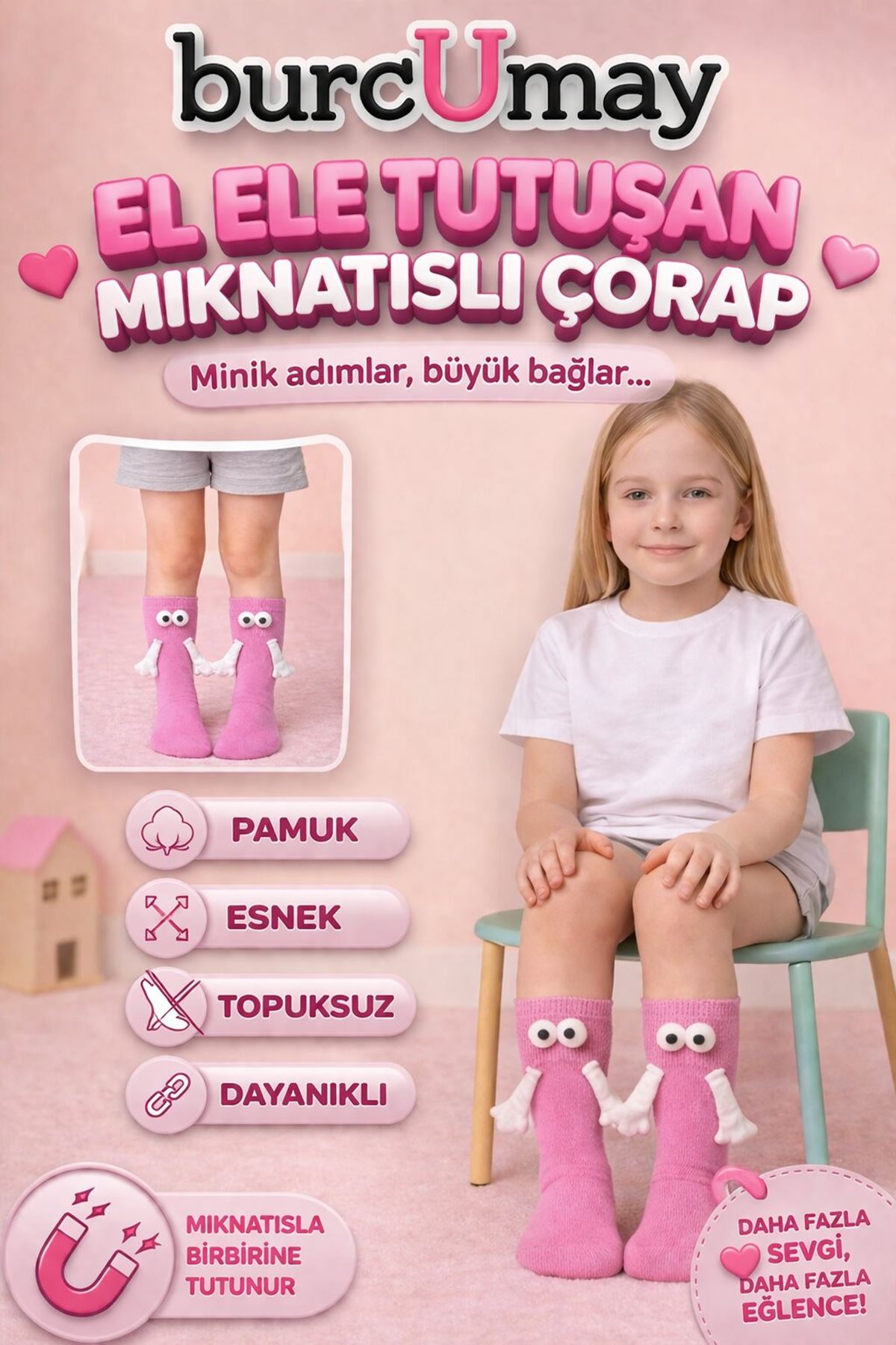 Pembe El Ele Tutuşan Mıknatıslı 3D Çocuk Çorap Pamuklu