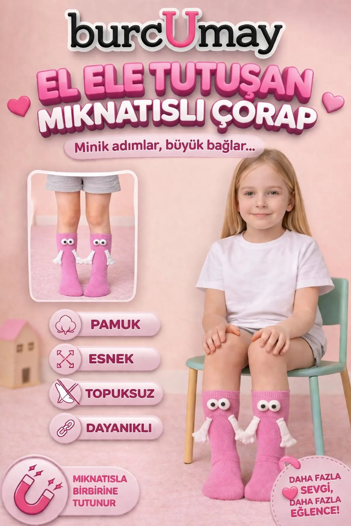 Pink Hand-Holding Magnetic 3D Kids Socks Cotton
