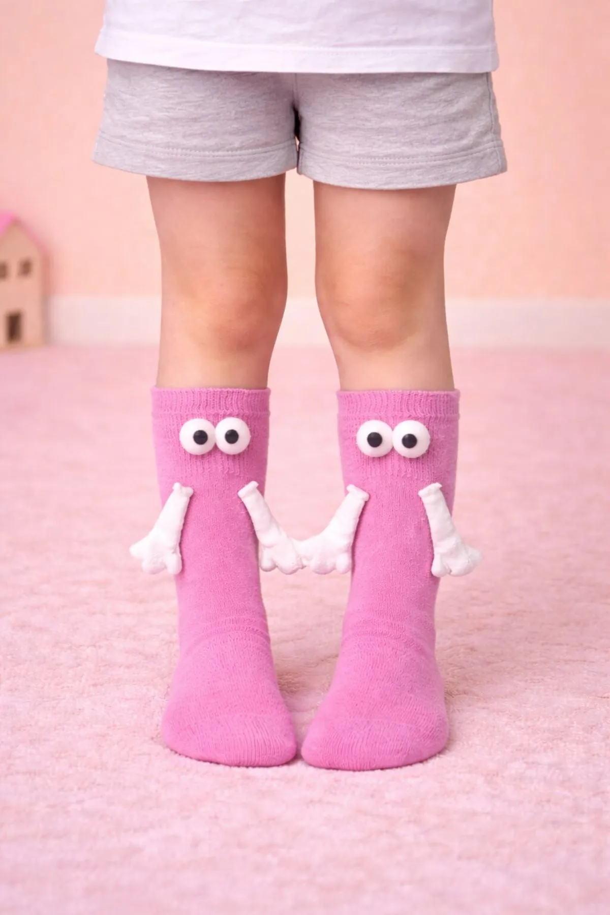 Pink Hand-Holding Magnetic 3D Kids Socks Cotton