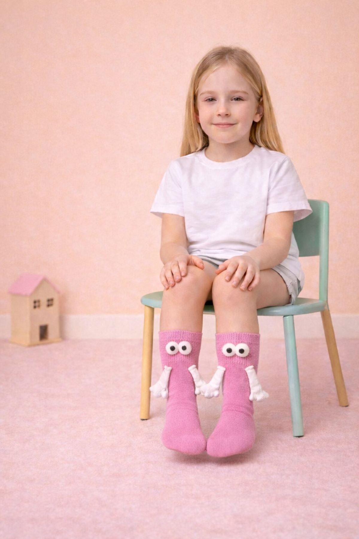 Pembe El Ele Tutuşan Mıknatıslı 3D Çocuk Çorap Pamuklu