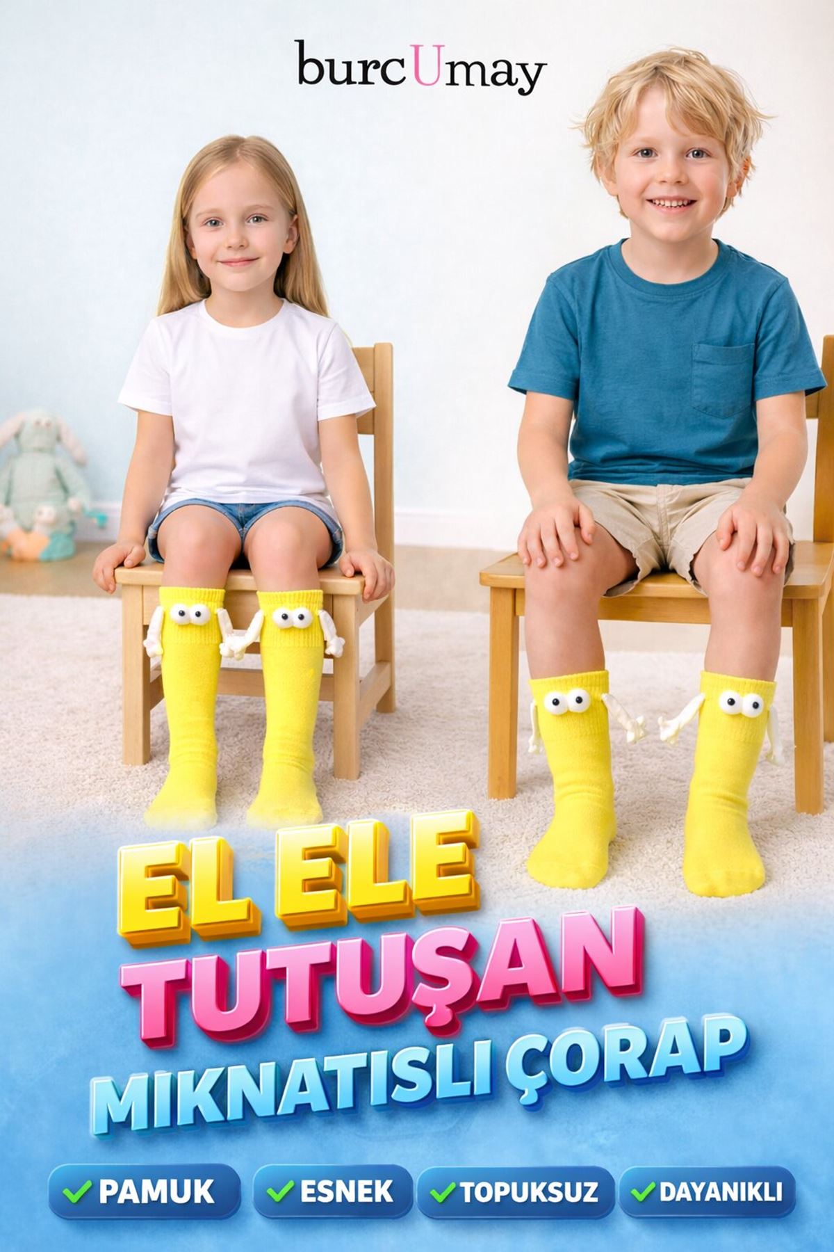 Mıknatıslı Sarı Çocuk Çorabı – Kız ve Erkek Çocuklara Uygun Pamuklu Model