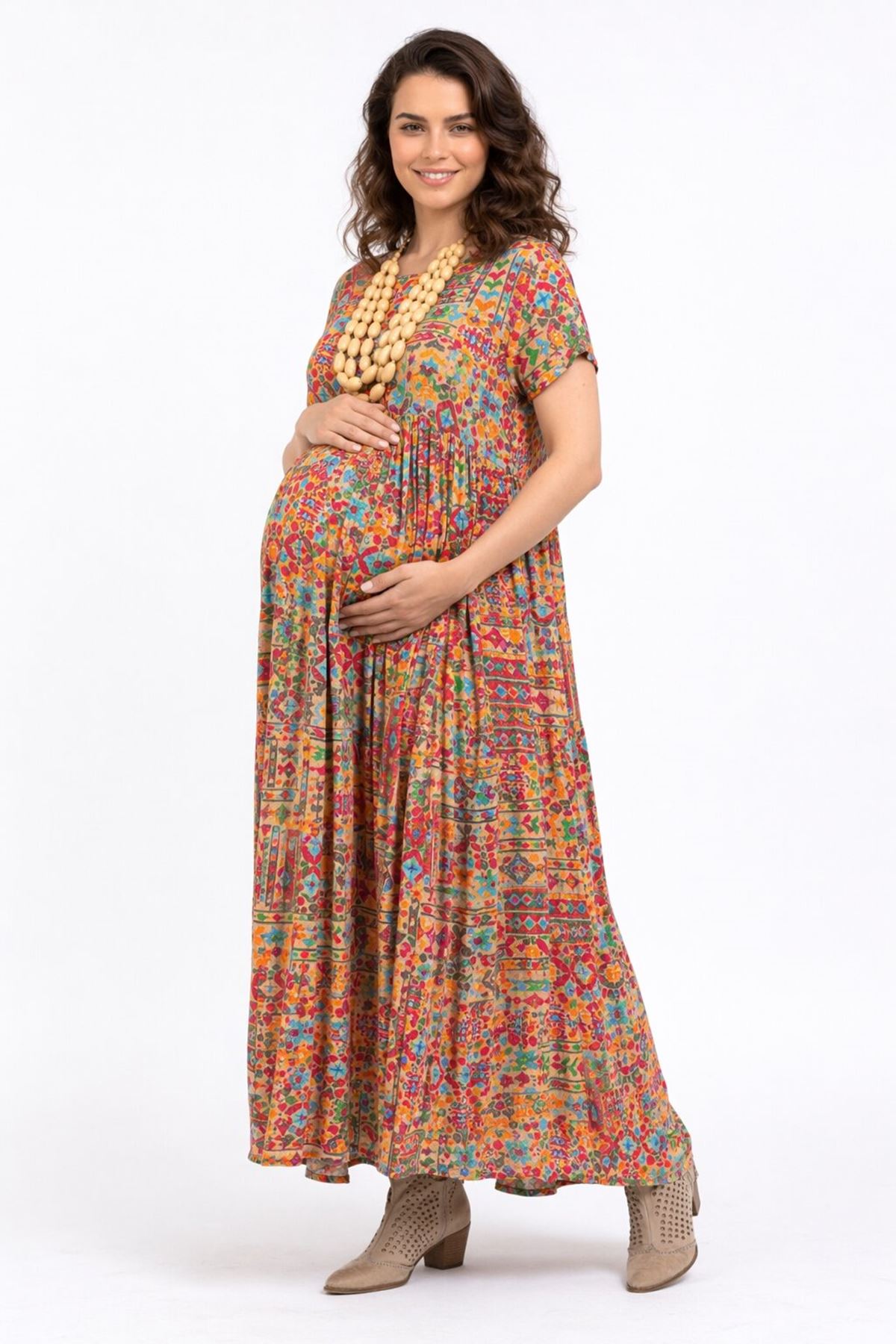 Ethnic Pattern Cotton Viscose Boho Maternity Dress Short Sleeve Summer