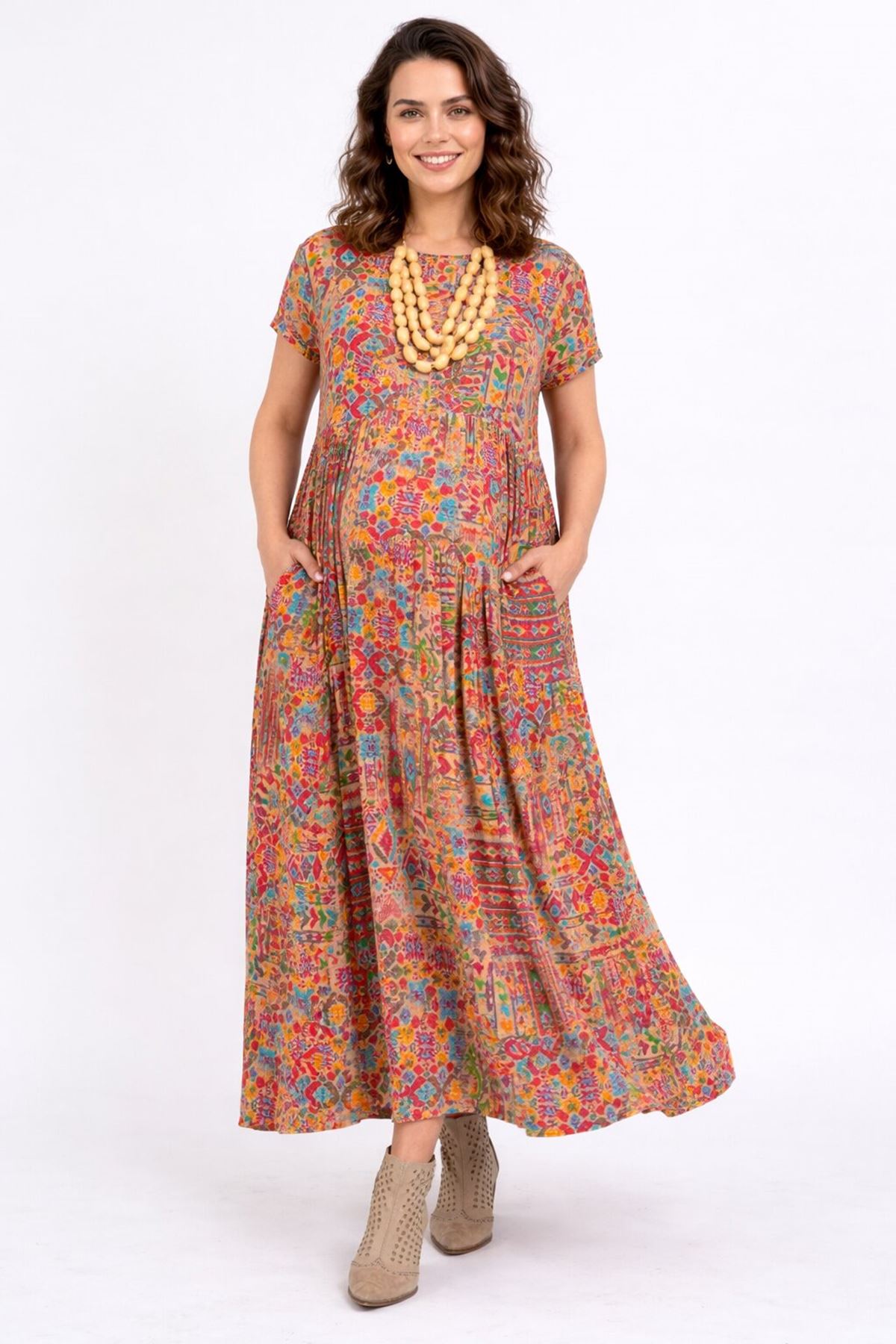 Ethnic Pattern Cotton Viscose Boho Maternity Dress Short Sleeve Summer