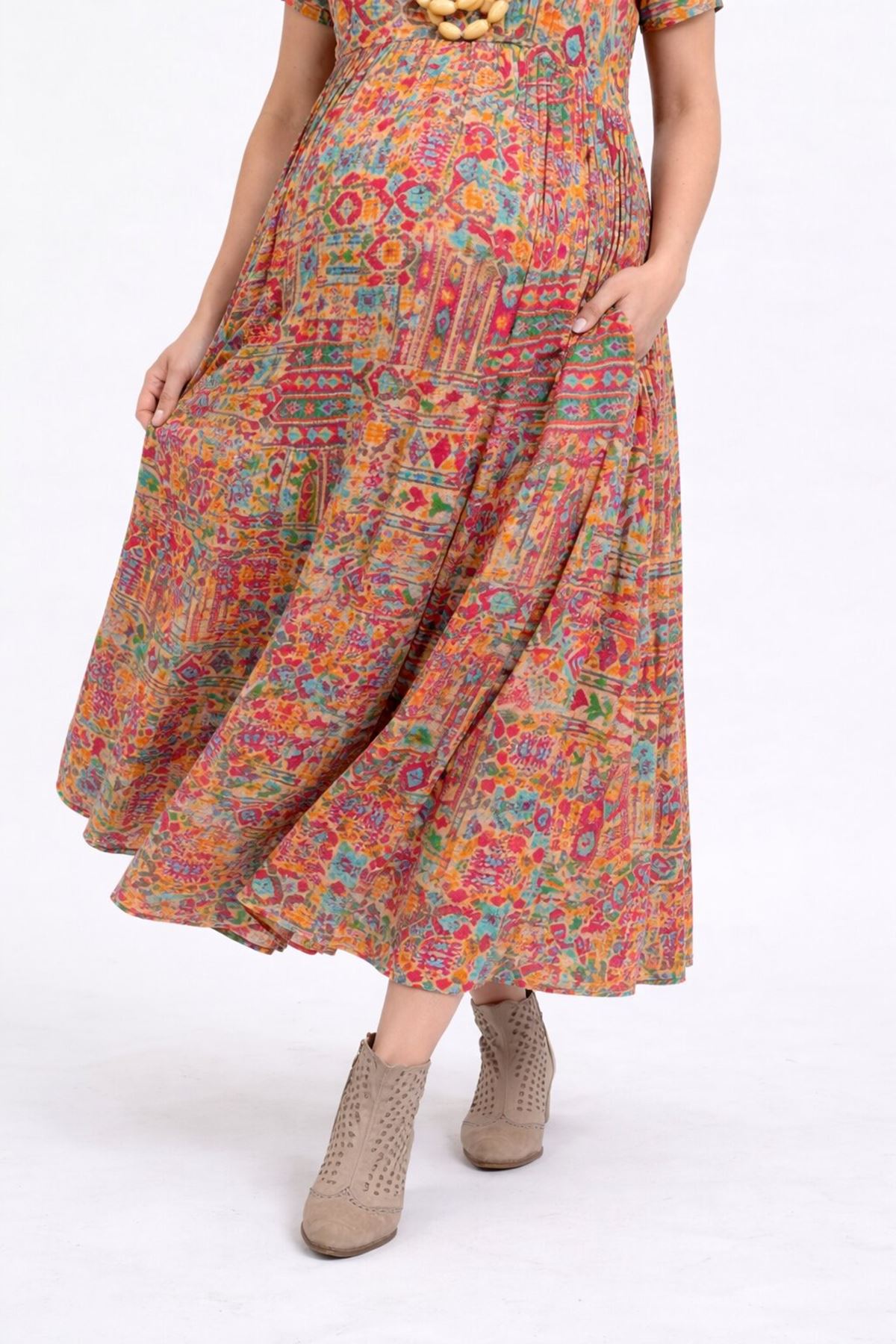 Ethnic Pattern Cotton Viscose Boho Maternity Dress Short Sleeve Summer