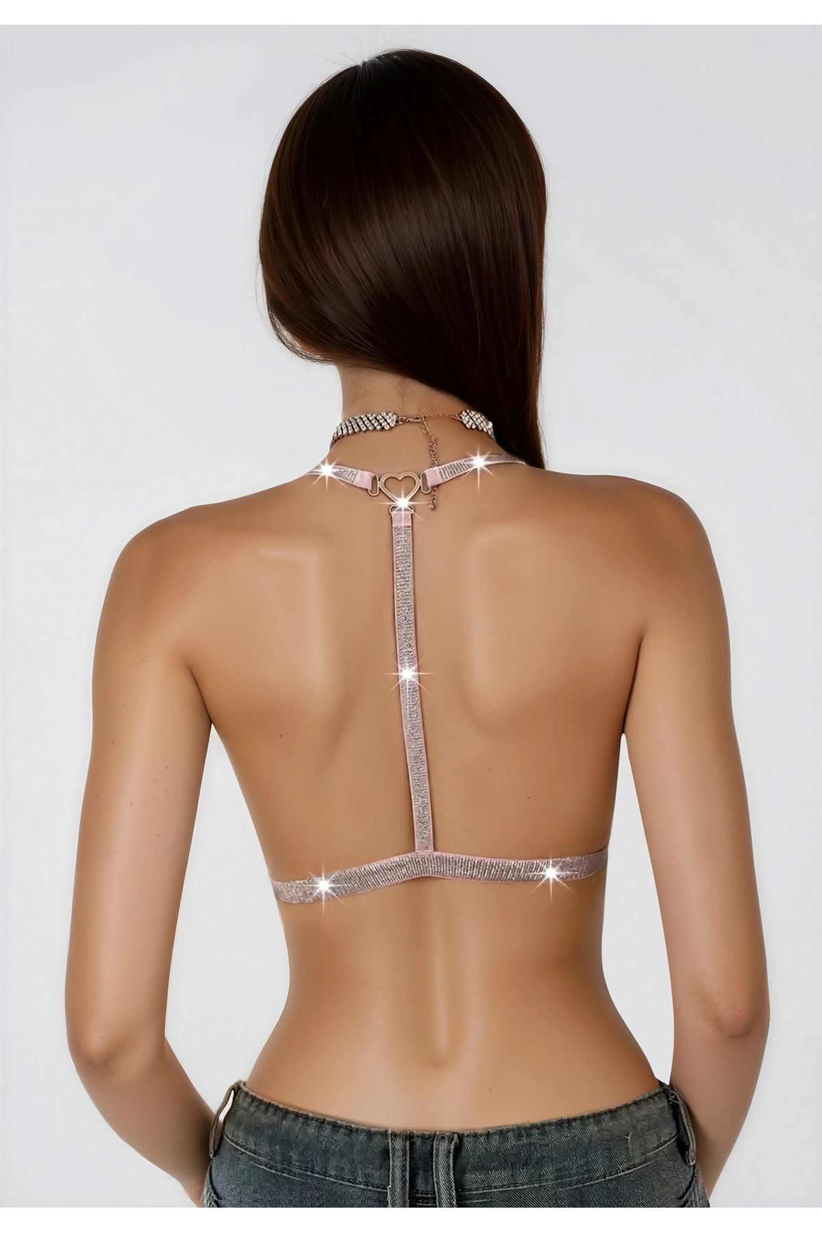 Kadın Pembe Dantel Sütyen Simli Askı ve Kalp Detaylı