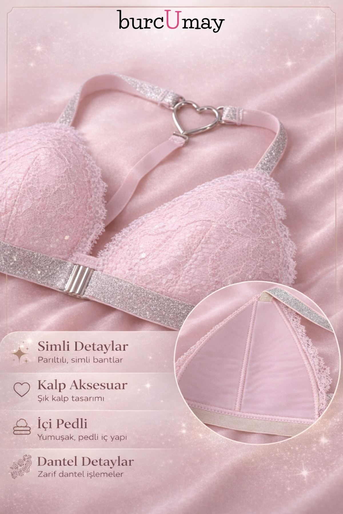 Kadın Pembe Dantel Sütyen Simli Askı ve Kalp Detaylı