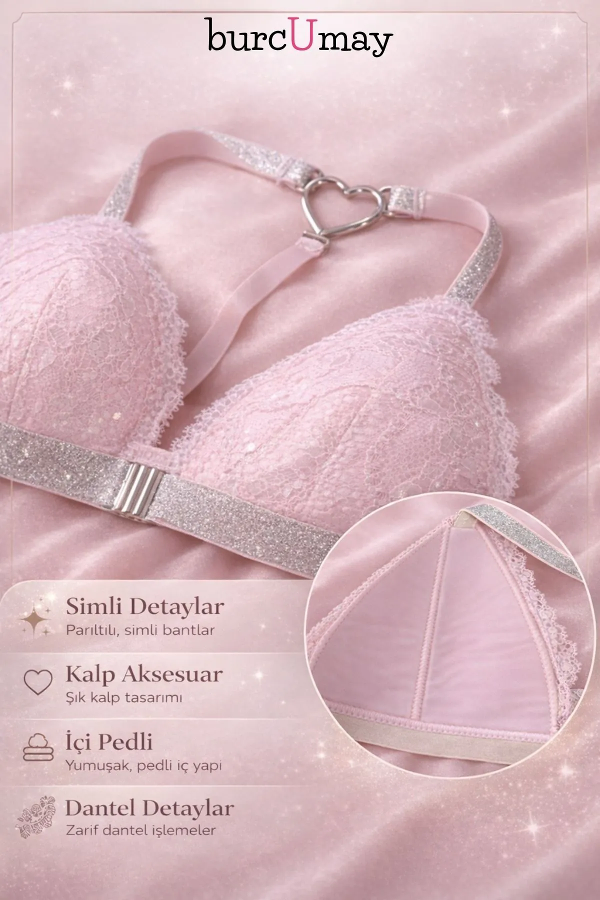Kadın Pembe Dantel Sütyen Simli Askı ve Kalp Detaylı