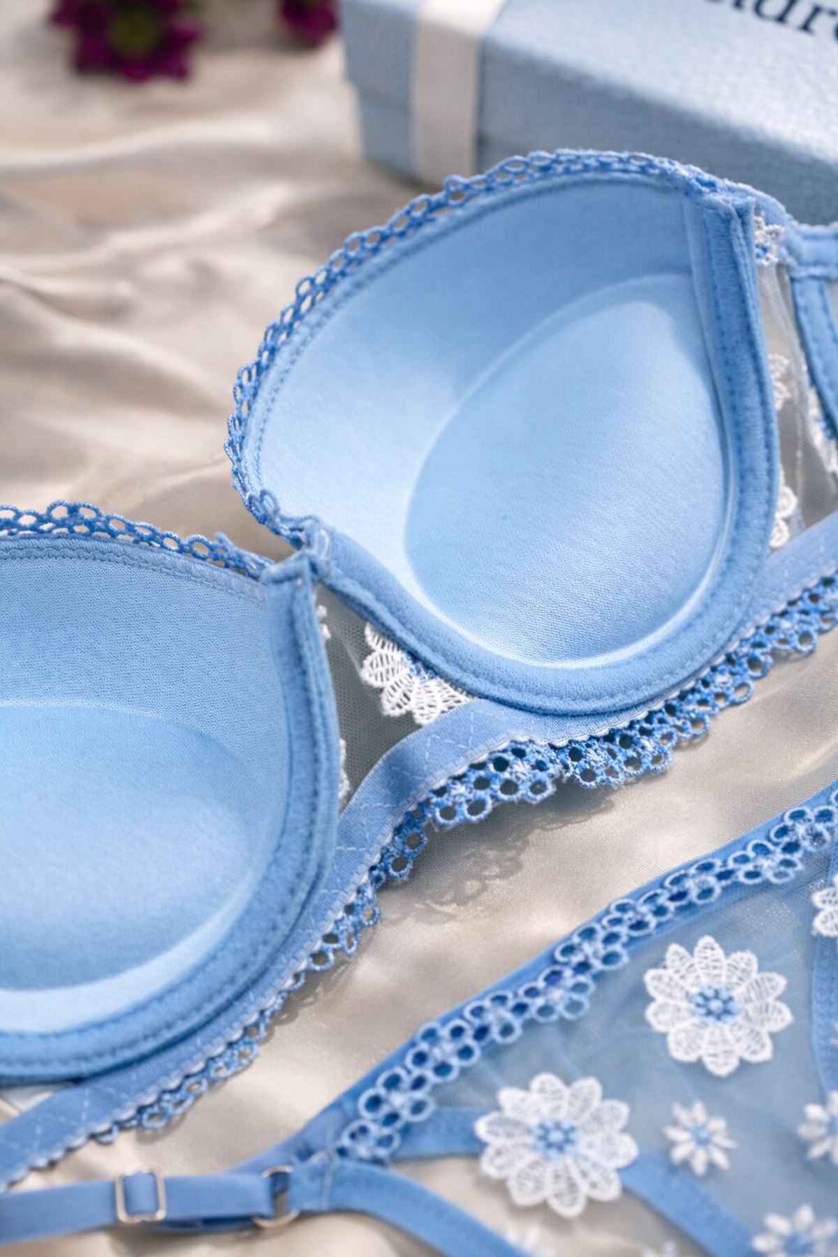 Kadın Mavi Papatya İşlemeli Dantel Detaylı Çift Dolgulu Sütyen Transparan String Takımı