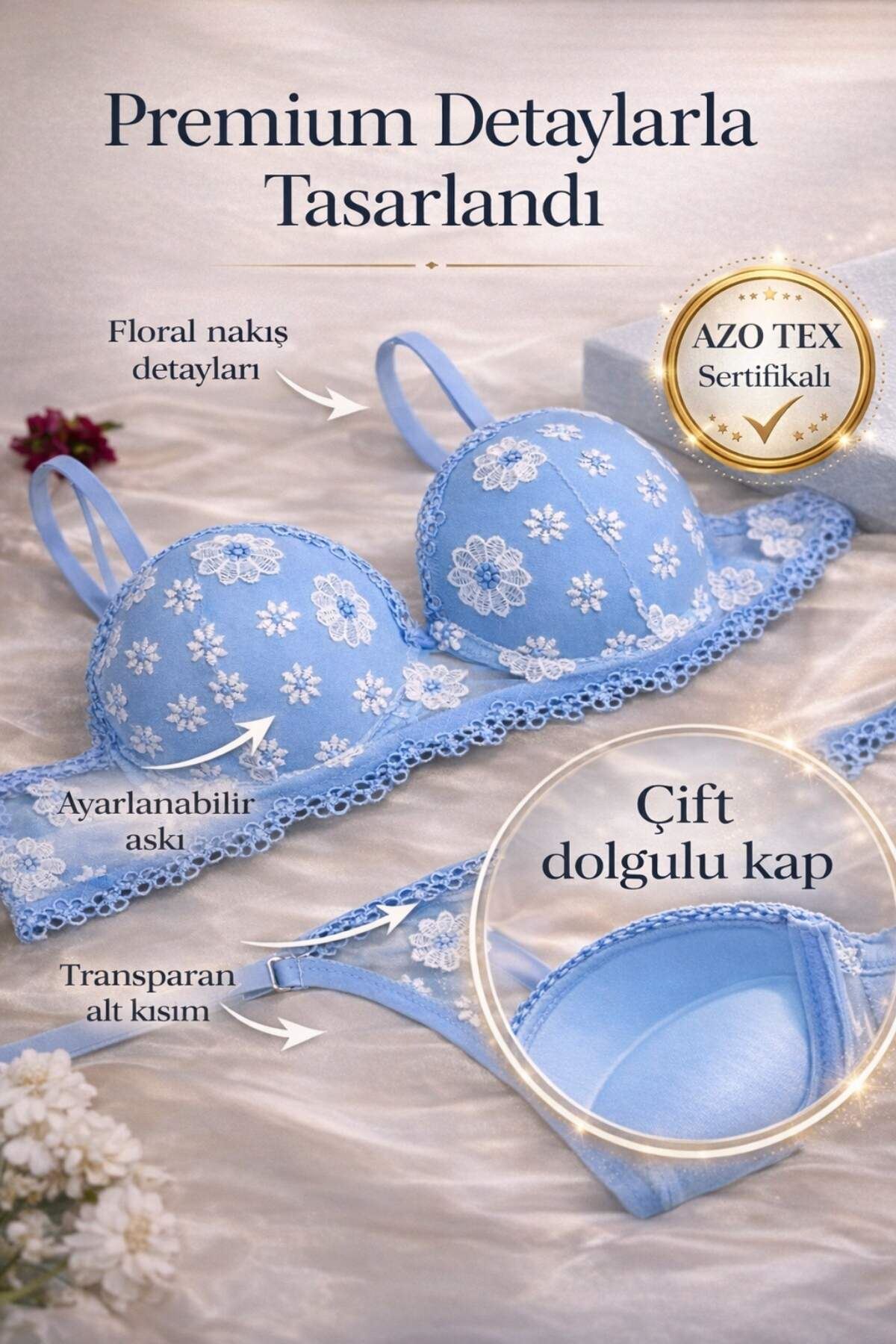Kadın Mavi Papatya İşlemeli Dantel Detaylı Çift Dolgulu Sütyen Transparan String Takımı