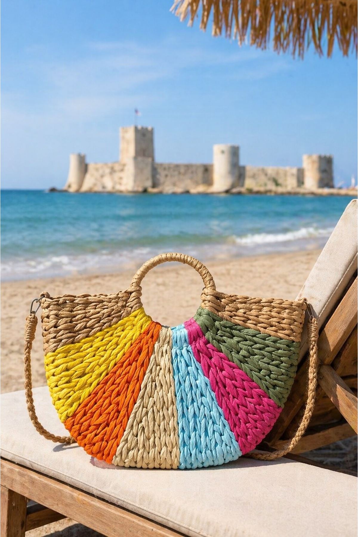 Kadın Renkli El Örgüsü Hasır Plaj Tatil Havuz Çantası Omuz Askılı Yazlık Çanta