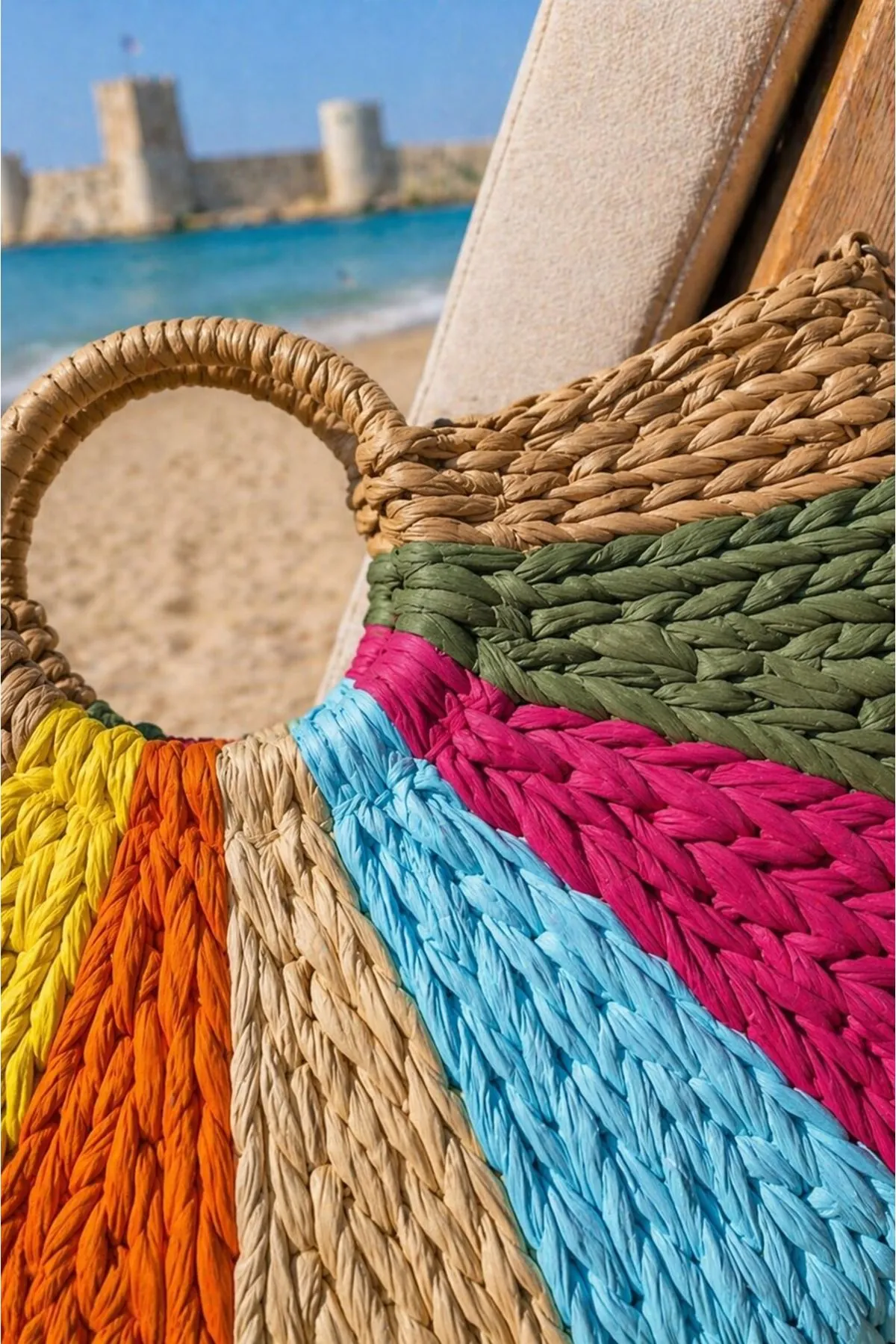 Kadın Renkli El Örgüsü Hasır Plaj Tatil Havuz Çantası Omuz Askılı Yazlık Çanta