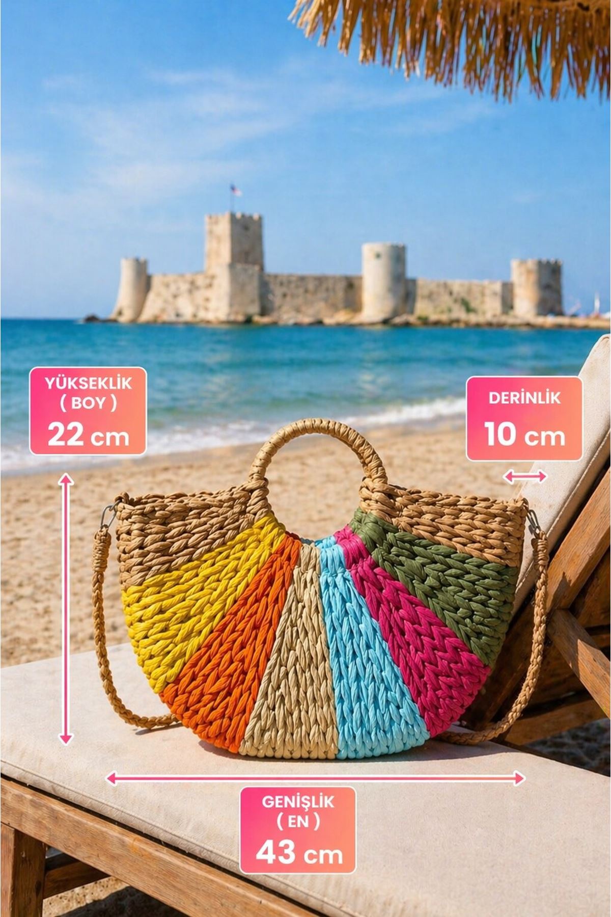Kadın Renkli El Örgüsü Hasır Plaj Tatil Havuz Çantası Omuz Askılı Yazlık Çanta