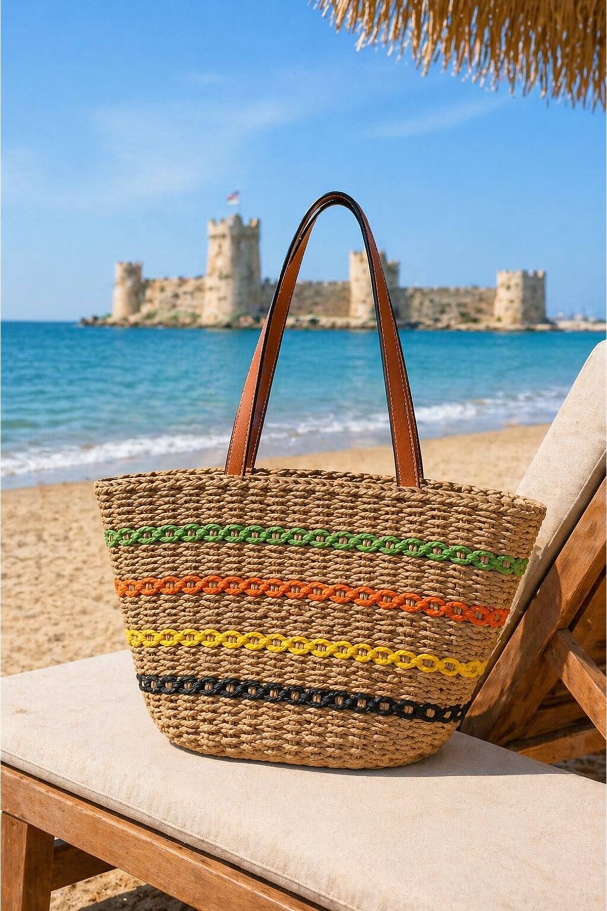 Women’s Straw Shoulder Bag Colorful Stripe Detail Beach & Holiday Tote