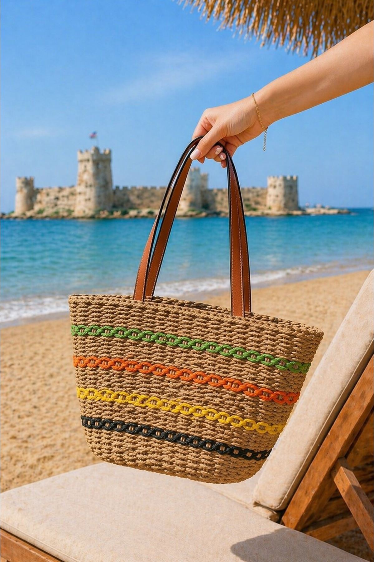 Women’s Straw Shoulder Bag Colorful Stripe Detail Beach & Holiday Tote