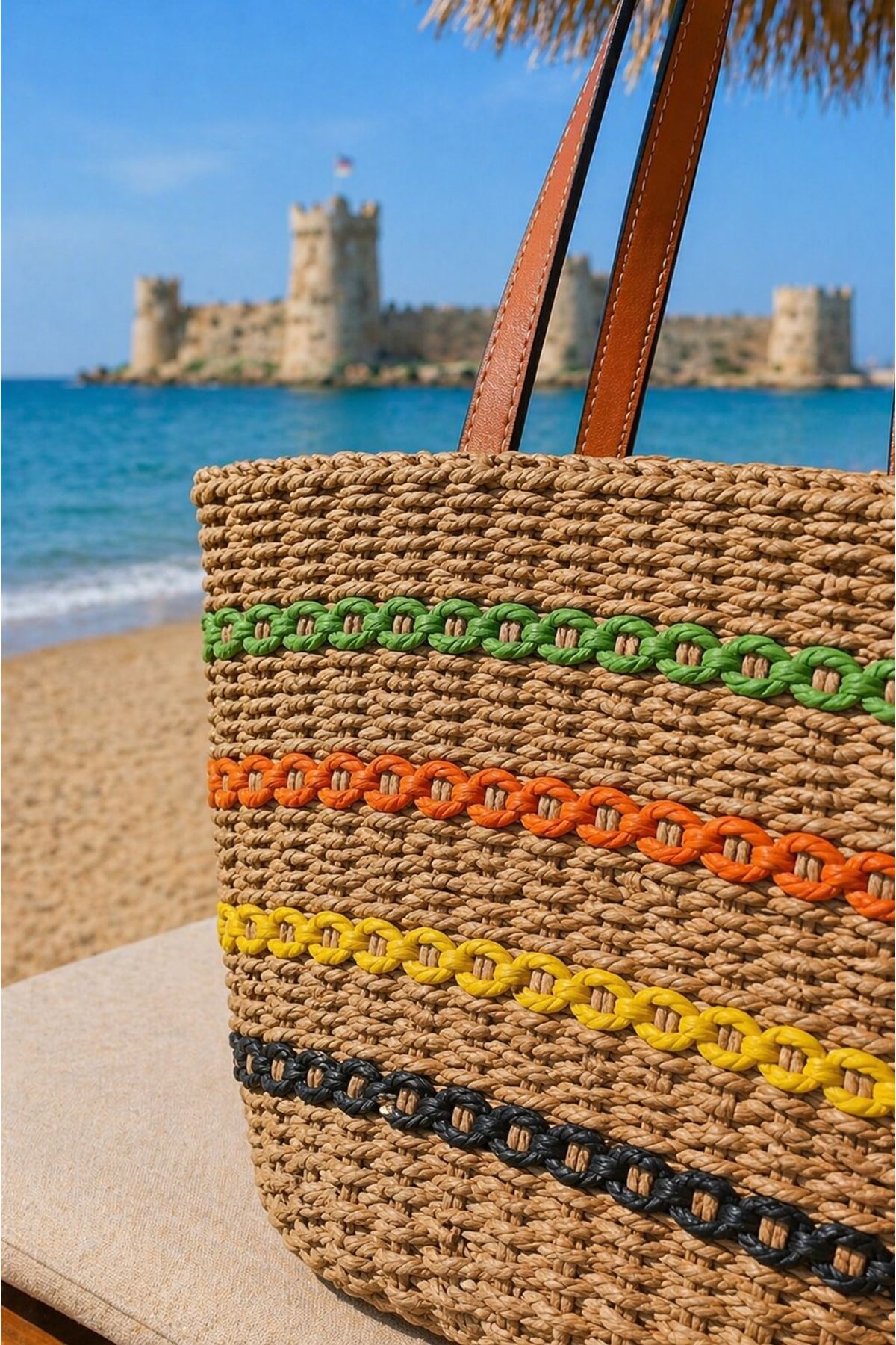 Women’s Straw Shoulder Bag Colorful Stripe Detail Beach & Holiday Tote