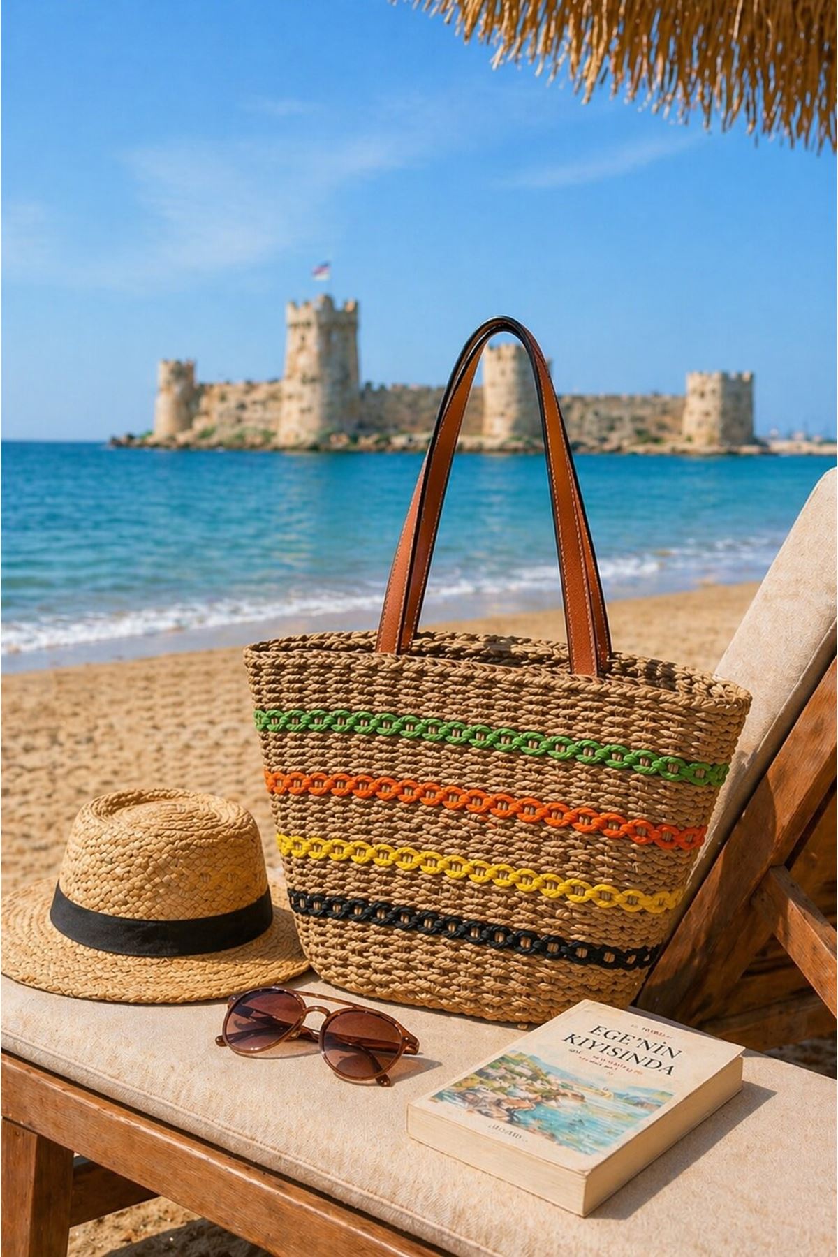 Women’s Straw Shoulder Bag Colorful Stripe Detail Beach & Holiday Tote