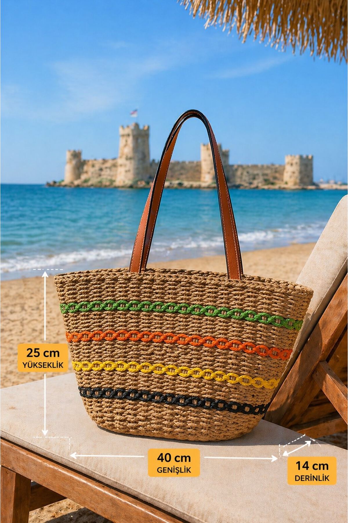 Women’s Straw Shoulder Bag Colorful Stripe Detail Beach & Holiday Tote