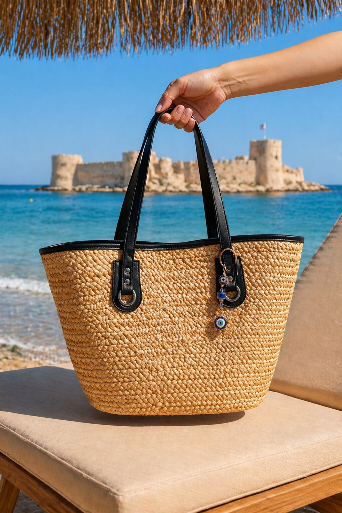 Kadın El Yapımı Büyük Boy Hasır Plaj Tatil Havuz Çantası Omuz Askılı Yazlık Çanta