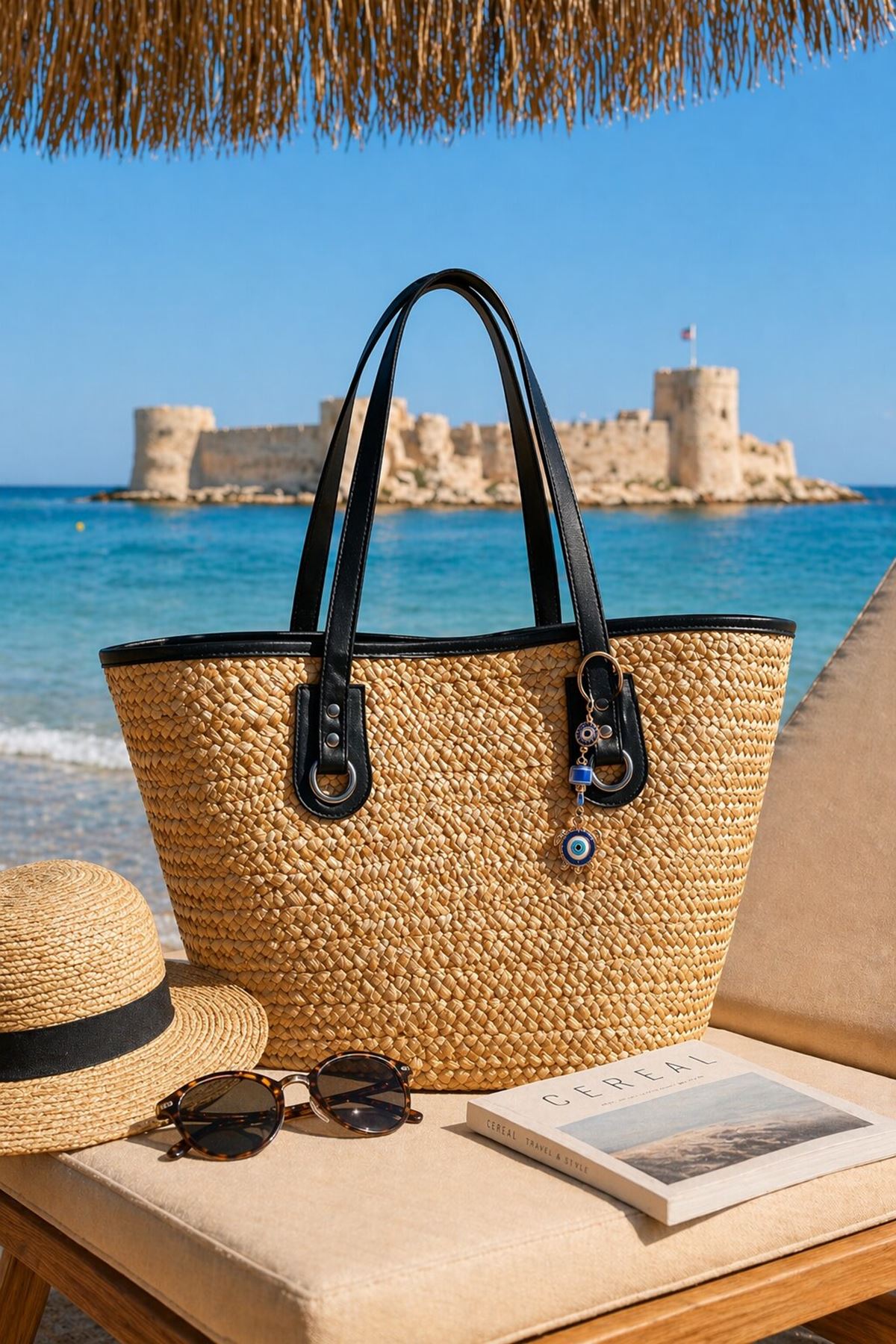 Kadın El Yapımı Büyük Boy Hasır Plaj Tatil Havuz Çantası Omuz Askılı Yazlık Çanta