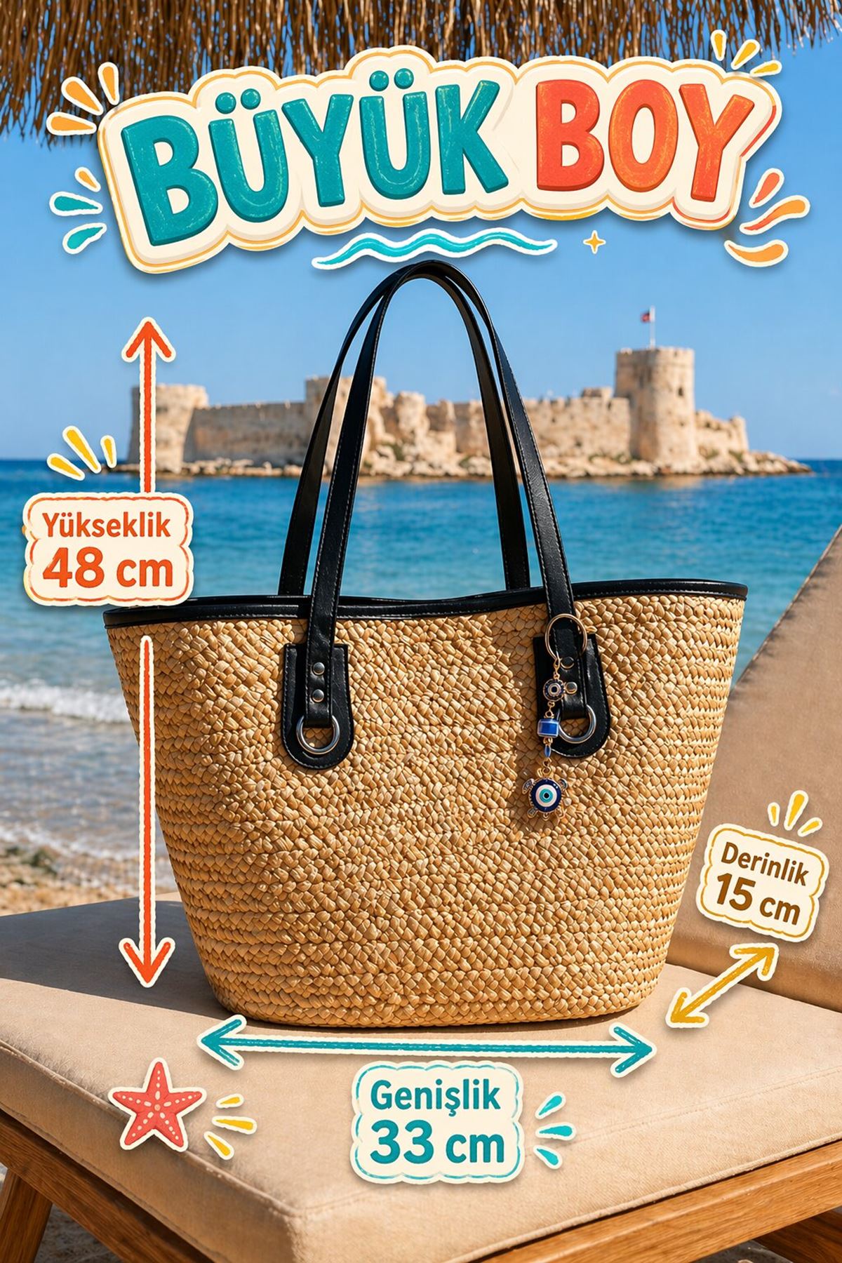 Kadın El Yapımı Büyük Boy Hasır Plaj Tatil Havuz Çantası Omuz Askılı Yazlık Çanta