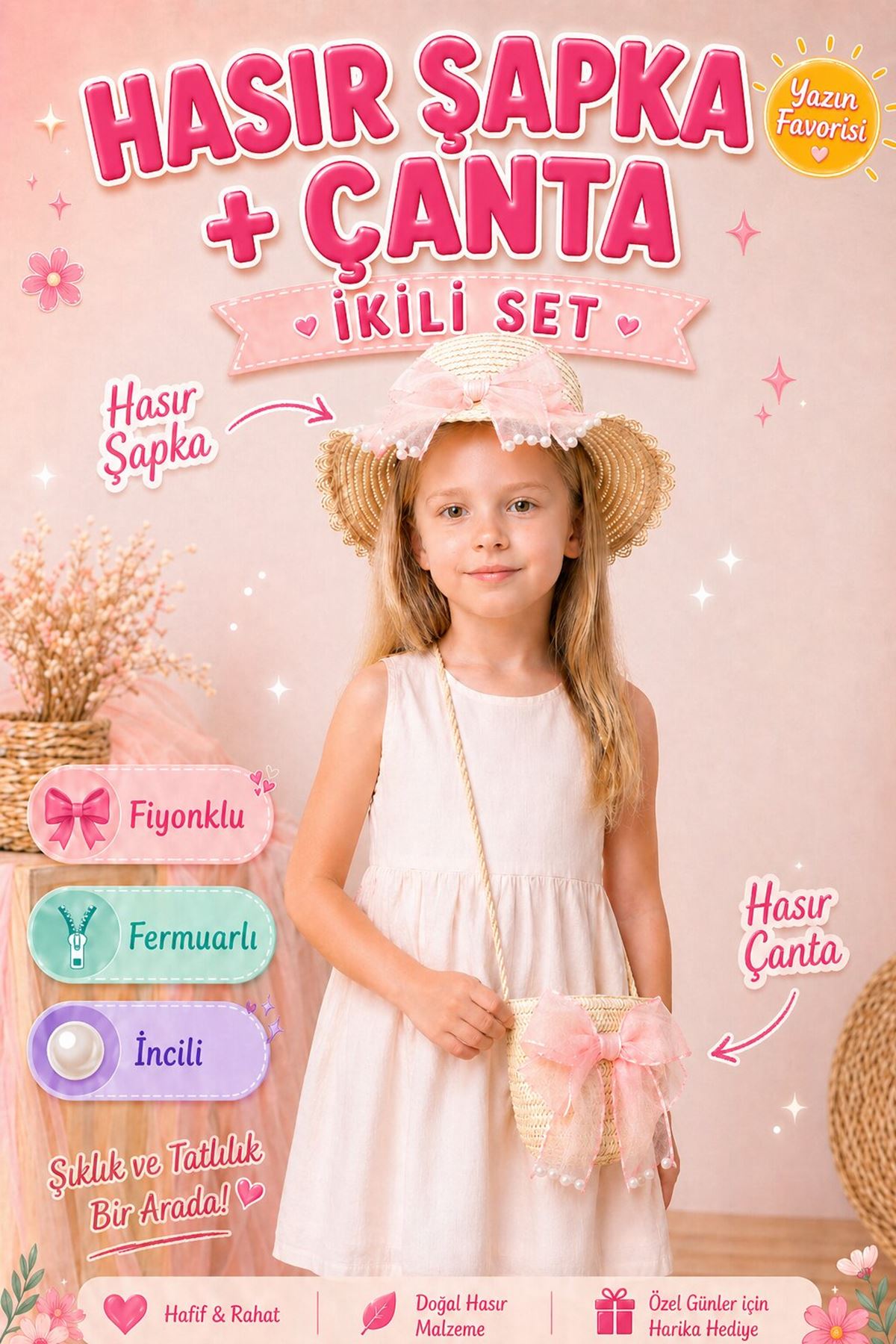 Girls Straw Hat and Bag Set Summer Beach Hat Shoulder Bag