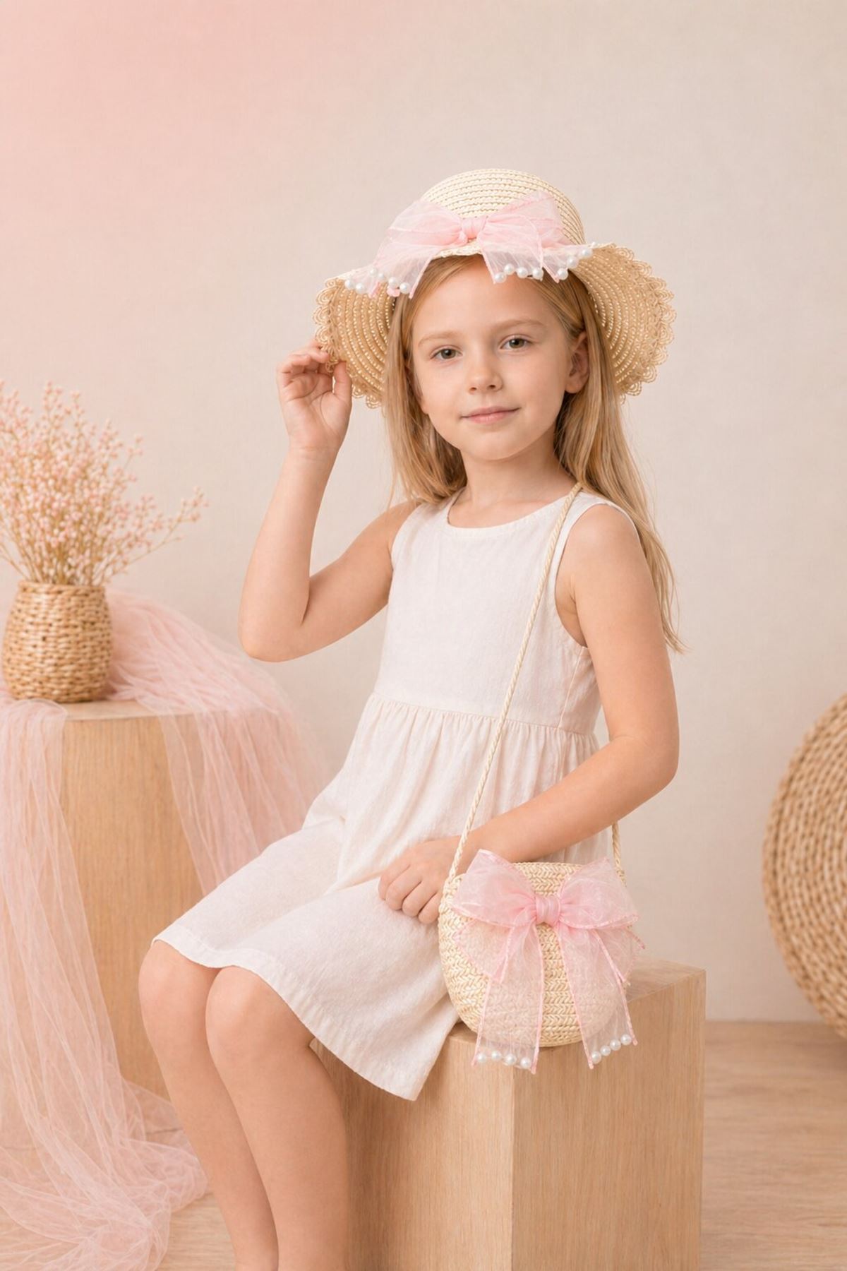 Girls Straw Hat and Bag Set Summer Beach Hat Shoulder Bag