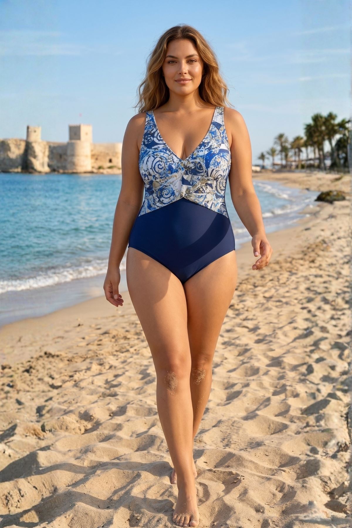 Kadın Büyük Beden Desenli Toparlayıcı Göğüs Destekli Mayo