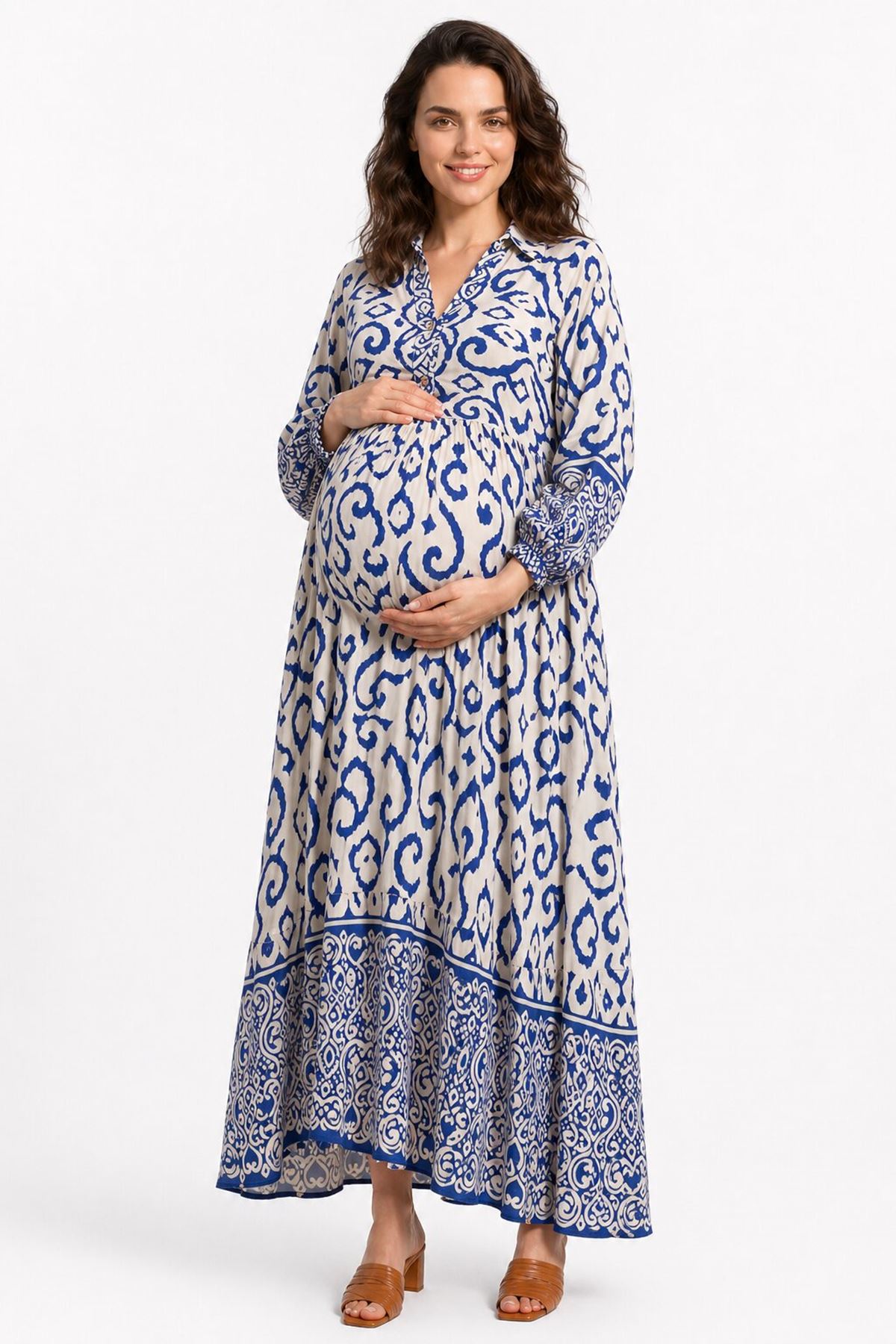 Kadın Uzun Yazlık Viskon Cepli Hamile Elbisesi Desenli Rahat Maxi Elbise