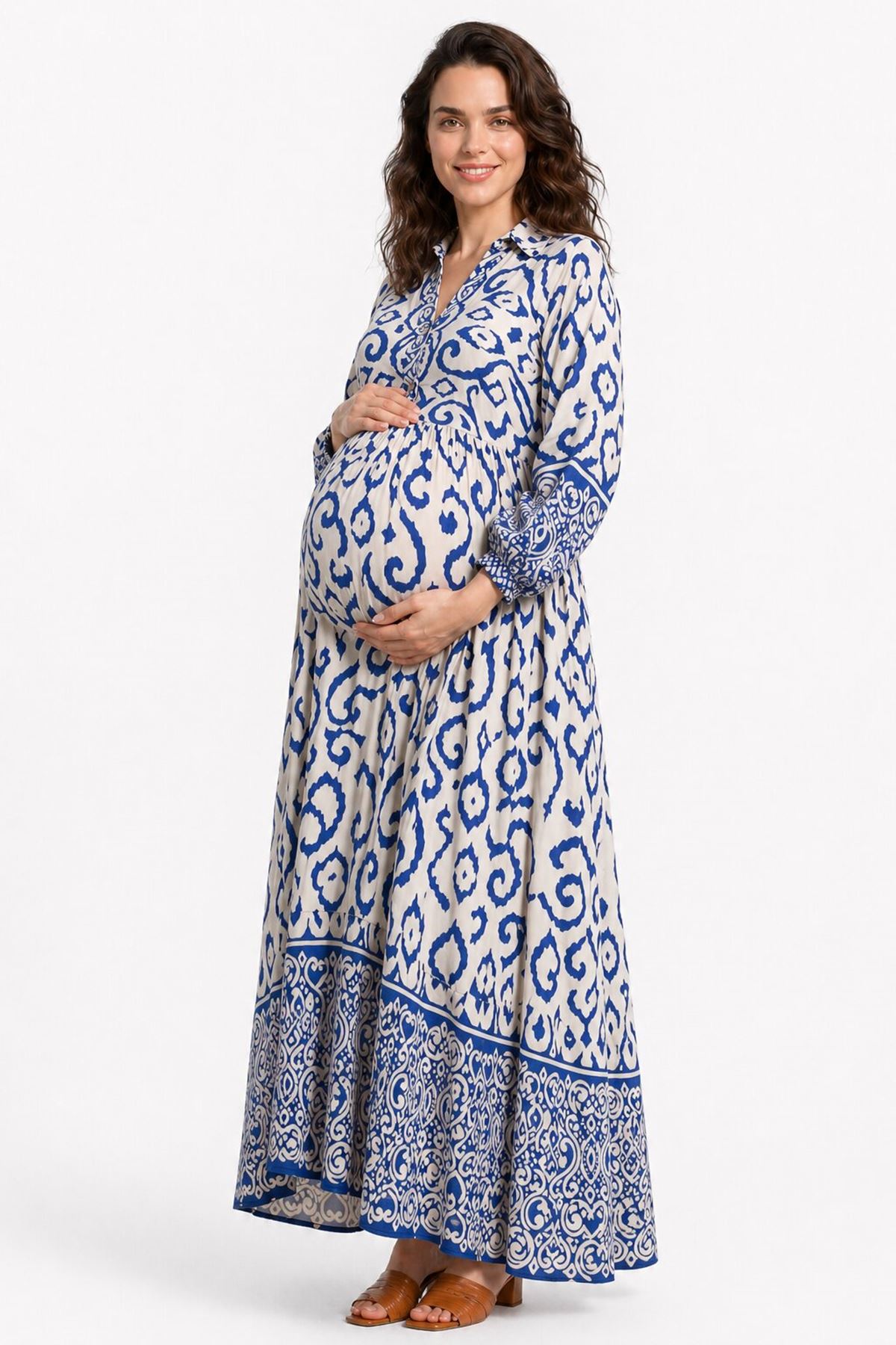 Kadın Uzun Yazlık Viskon Cepli Hamile Elbisesi Desenli Rahat Maxi Elbise