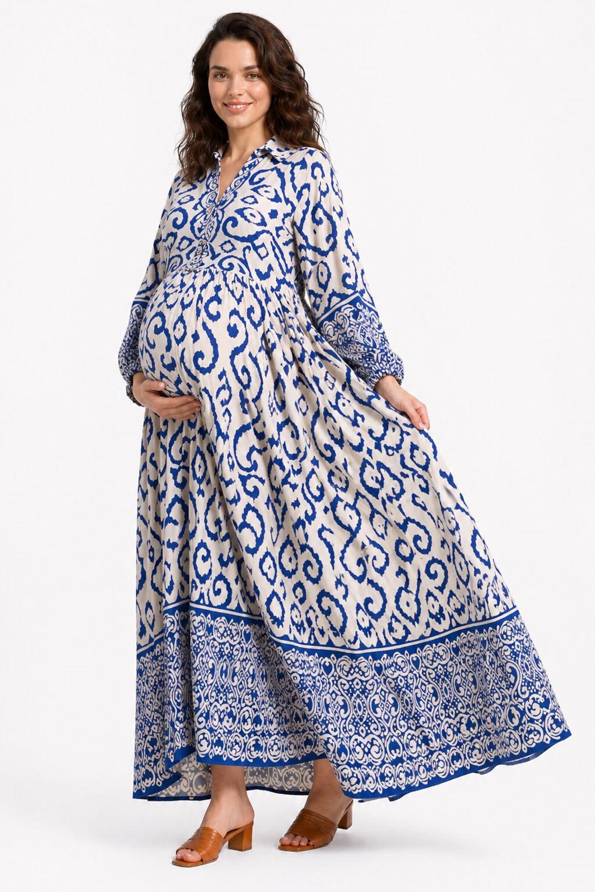 Kadın Uzun Yazlık Viskon Cepli Hamile Elbisesi Desenli Rahat Maxi Elbise