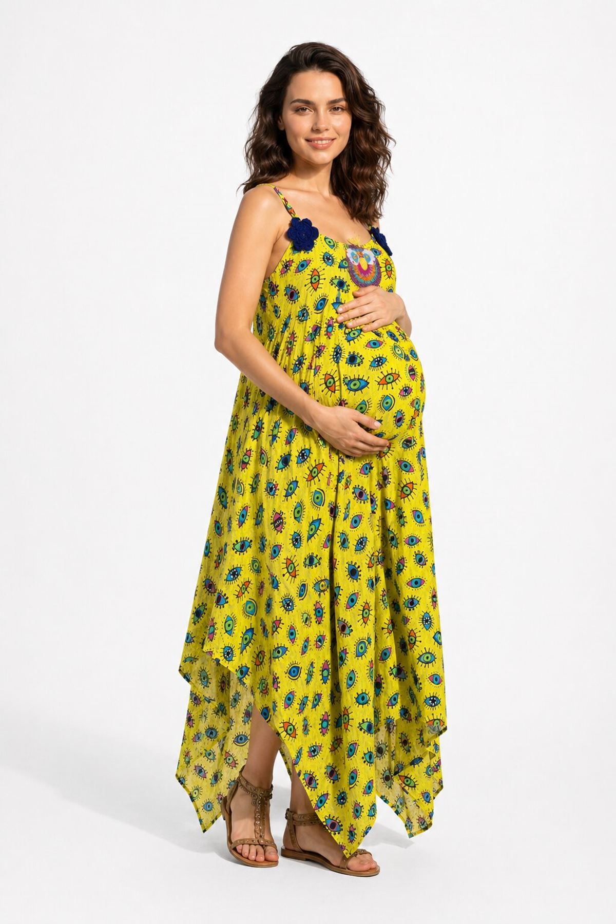 Women’s Linen Maternity Dress Embroidered Boho Summer Strappy