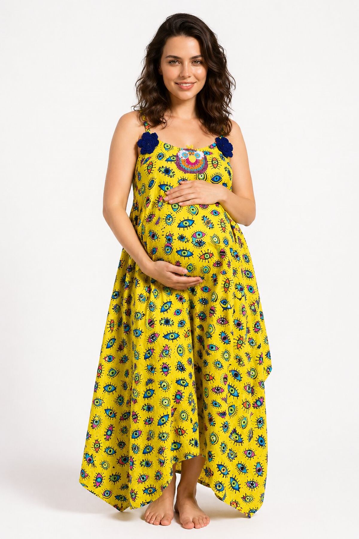 Women’s Linen Maternity Dress Embroidered Boho Summer Strappy