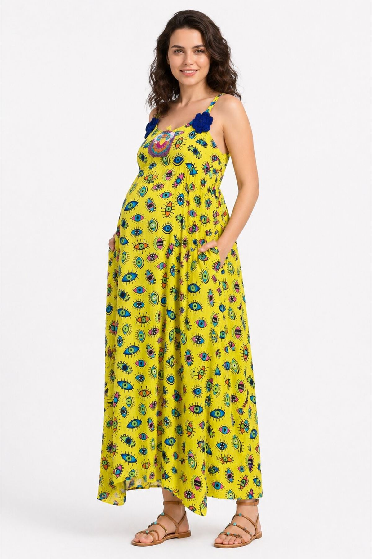 Women’s Linen Maternity Dress Embroidered Boho Summer Strappy