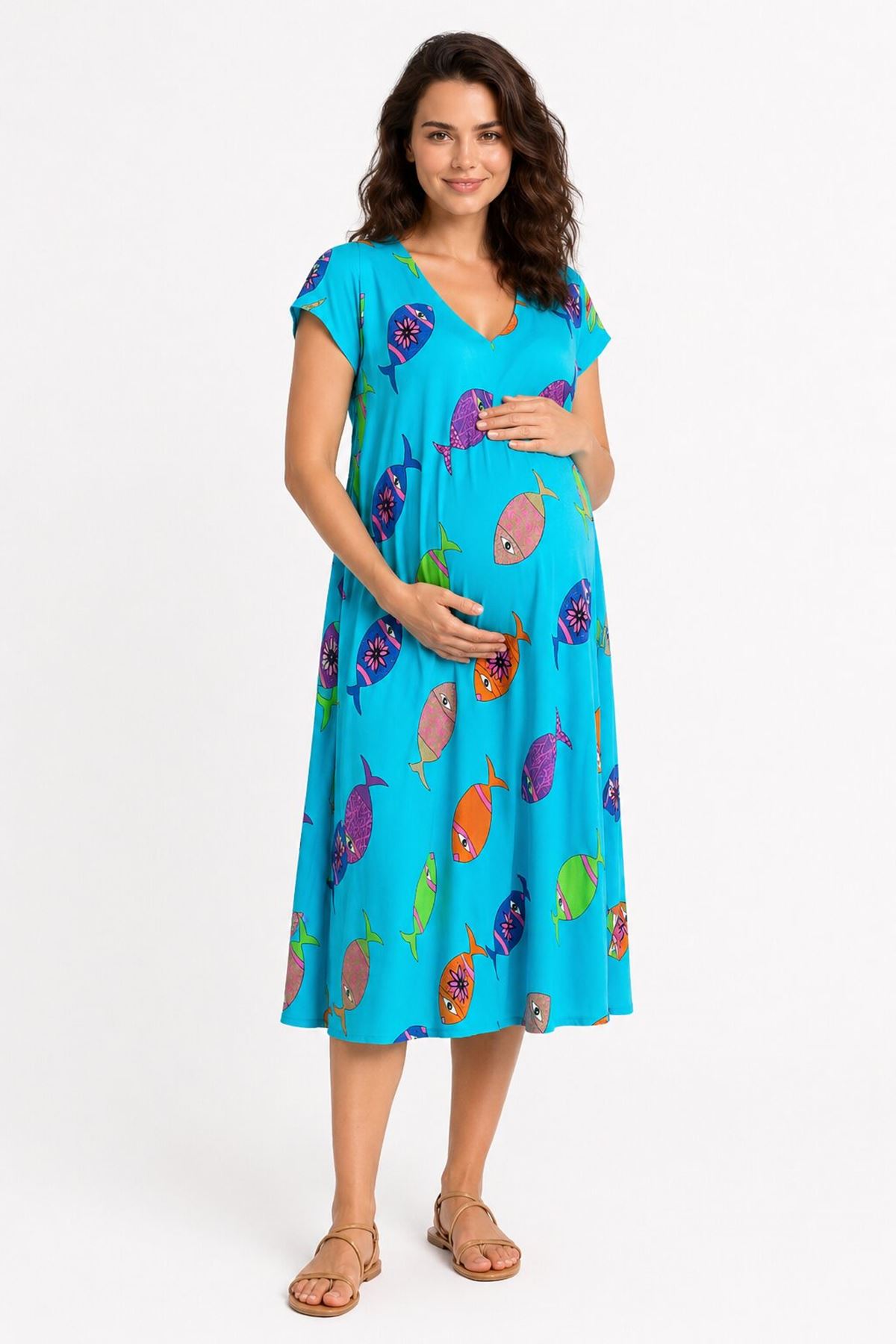 Kadın Yazlık Viskon Hamile Elbisesi Turkuaz Desenli Rahat Kesim Elbise