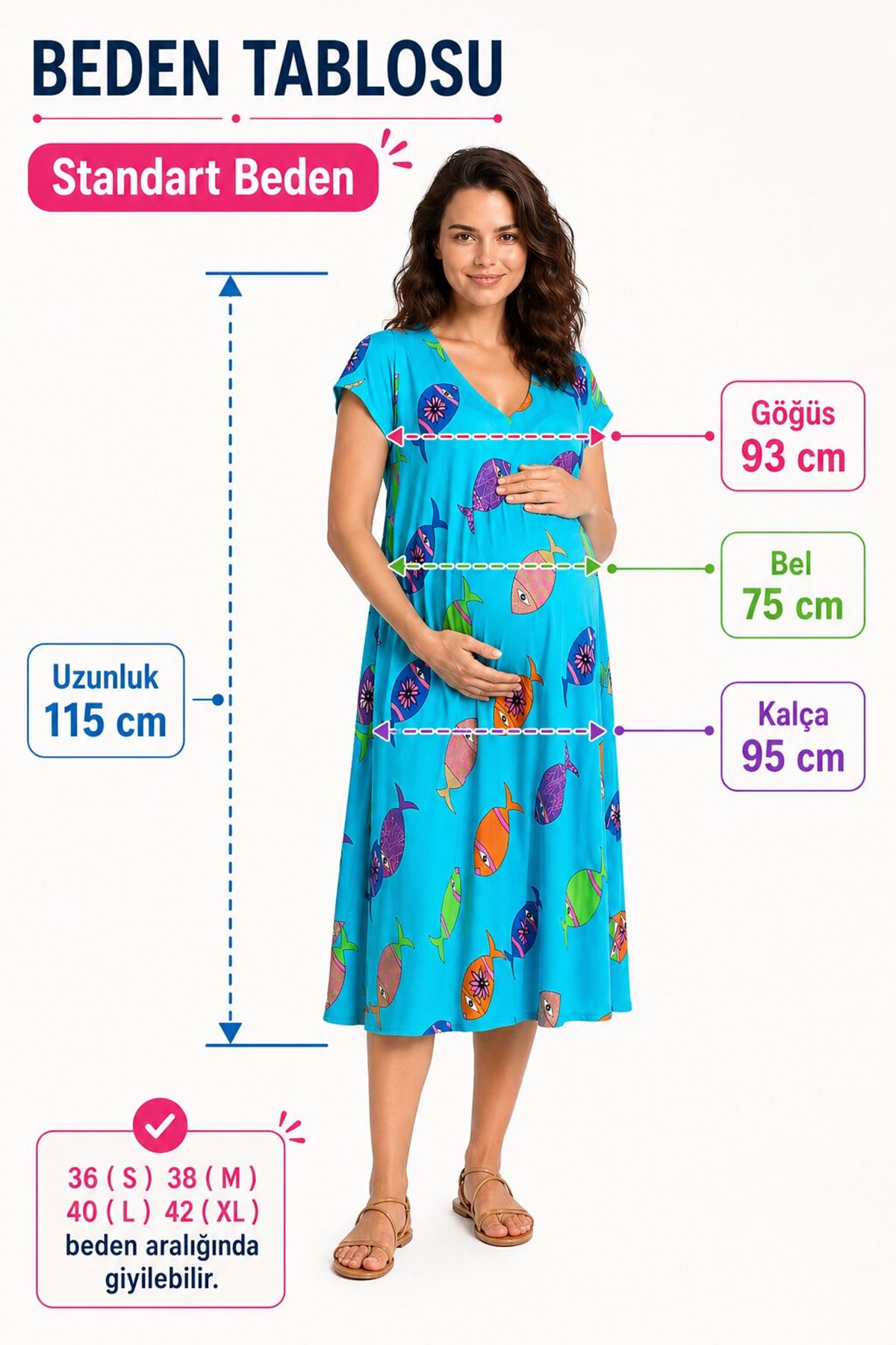 Kadın Yazlık Viskon Hamile Elbisesi Turkuaz Desenli Rahat Kesim Elbise