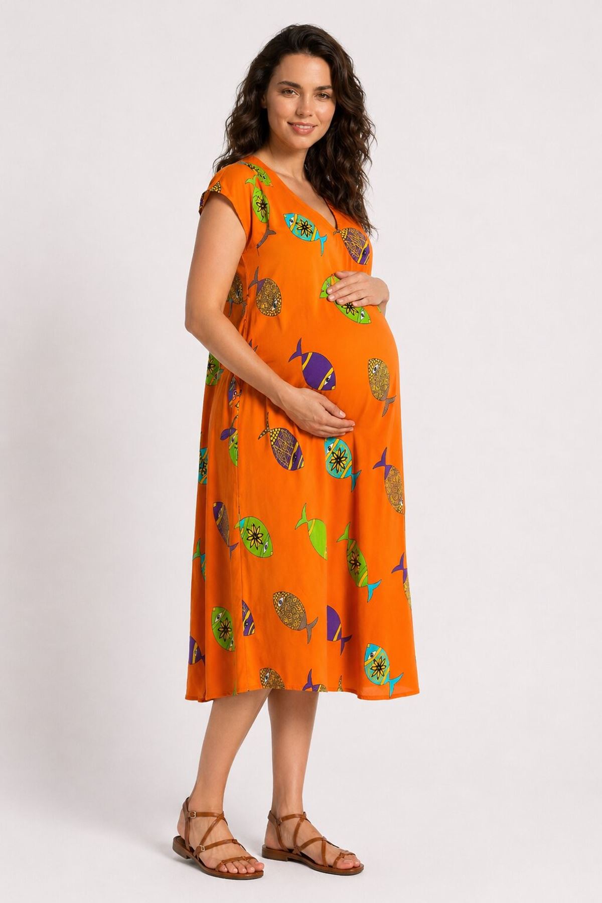Kadın Viskon Hamile Elbisesi Turuncu Balık Desenli Yazlık Günlük Elbise
