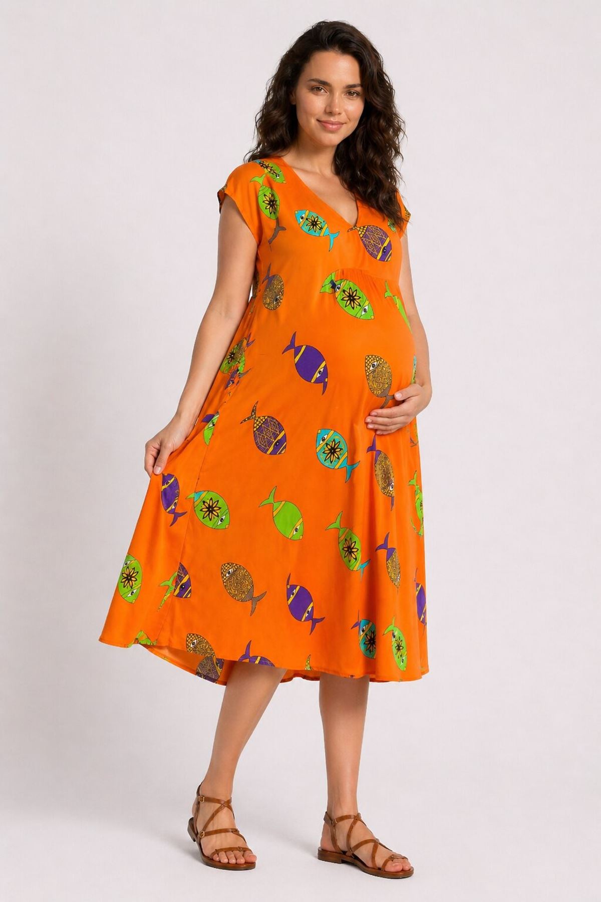 Kadın Viskon Hamile Elbisesi Turuncu Balık Desenli Yazlık Günlük Elbise
