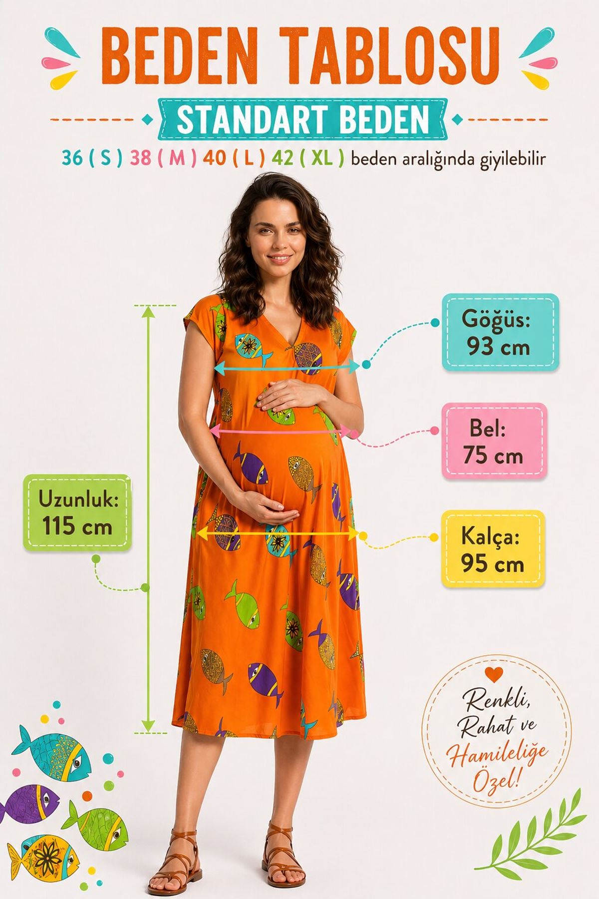 Kadın Viskon Hamile Elbisesi Turuncu Balık Desenli Yazlık Günlük Elbise
