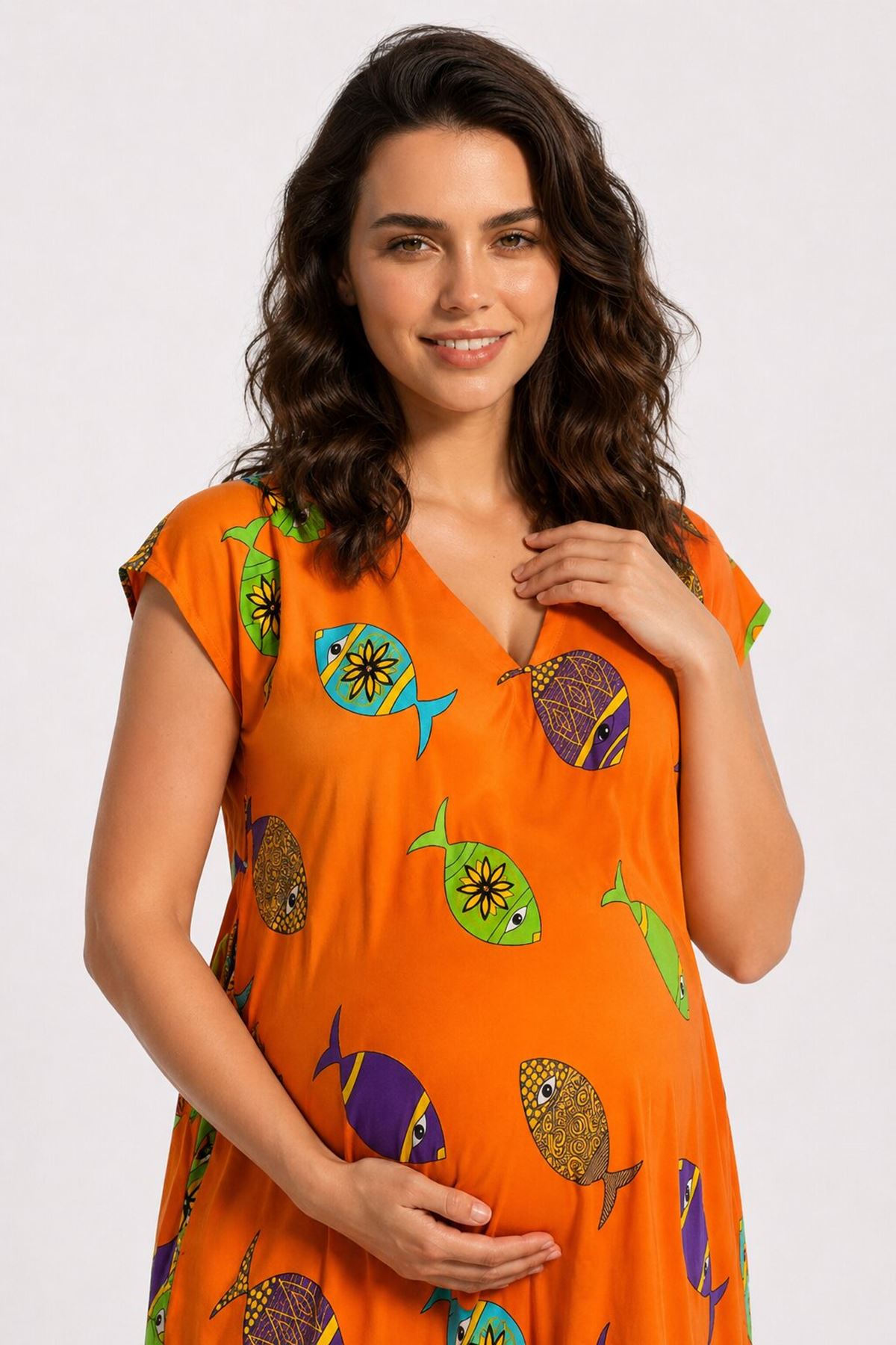 Kadın Viskon Hamile Elbisesi Turuncu Balık Desenli Yazlık Günlük Elbise